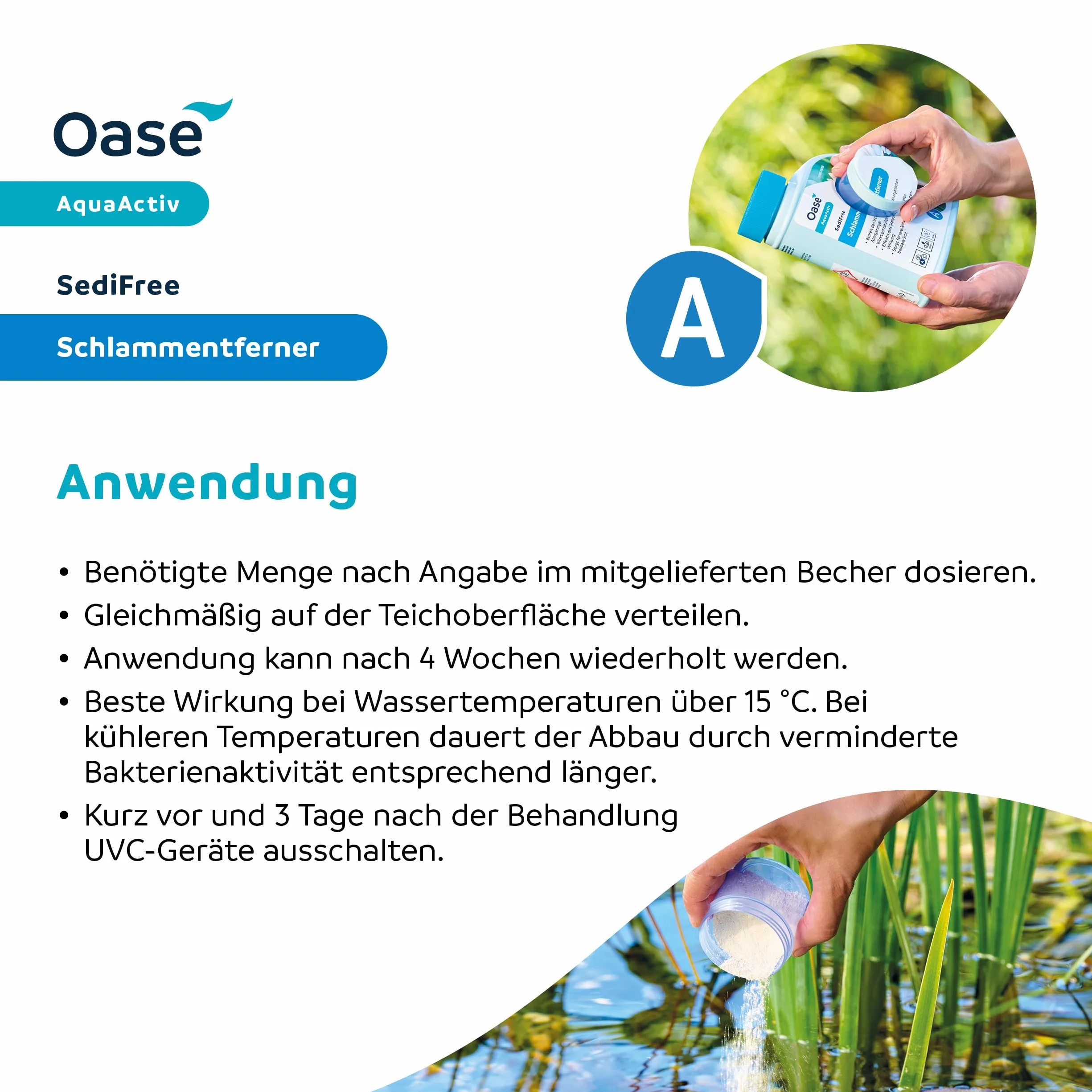 OASE 43143 AquaActiv SediFree środek do usuwania szlamu 500 ml – szybka i biologiczna pielęgnacja stawu z tlenem i bakteriami, usuwa błoto z stawu wodnego, oczka wodnego, stawu ogrodowego, koitoczka z ryby.