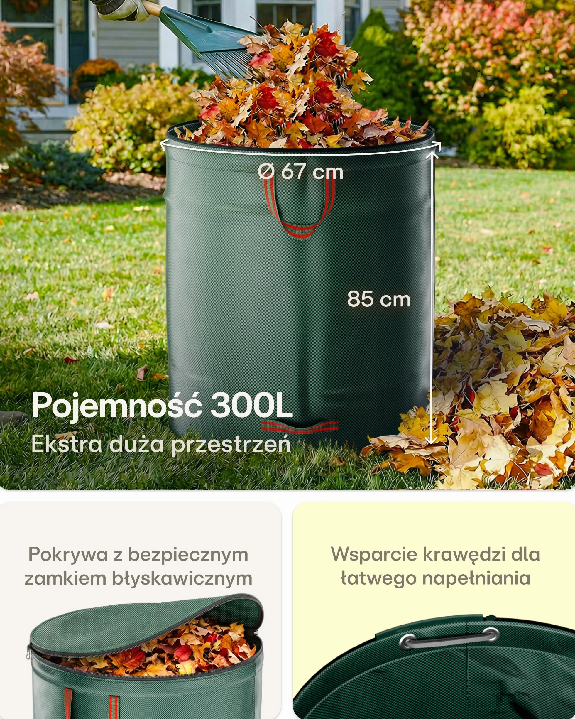3x Worki Na Odpady Ogrodowe Wielokrotnego Użytku Z Uchwytami I Zamkiem Błyskawicznym Z Pokrywą 300l - Stabilne - Składane - Wytrzymały Polipropylen