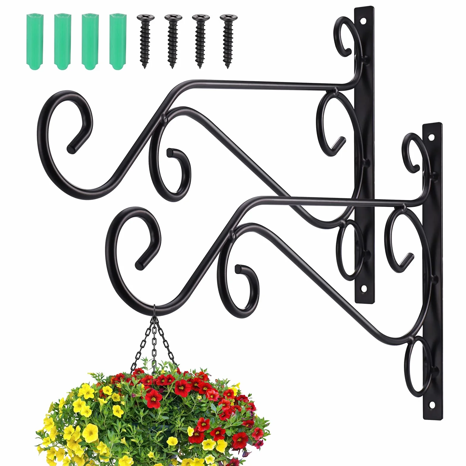 Zocipro 2 sztuki metalowy uchwyt na kwietnik, wytrzymały hak do wiszącej doniczki kwiatowej, czarny, elegancki, prosty uchwyt na kwietnik, uchwyt ścienny, nadaje się do dekoracji ogrodu, doniczek