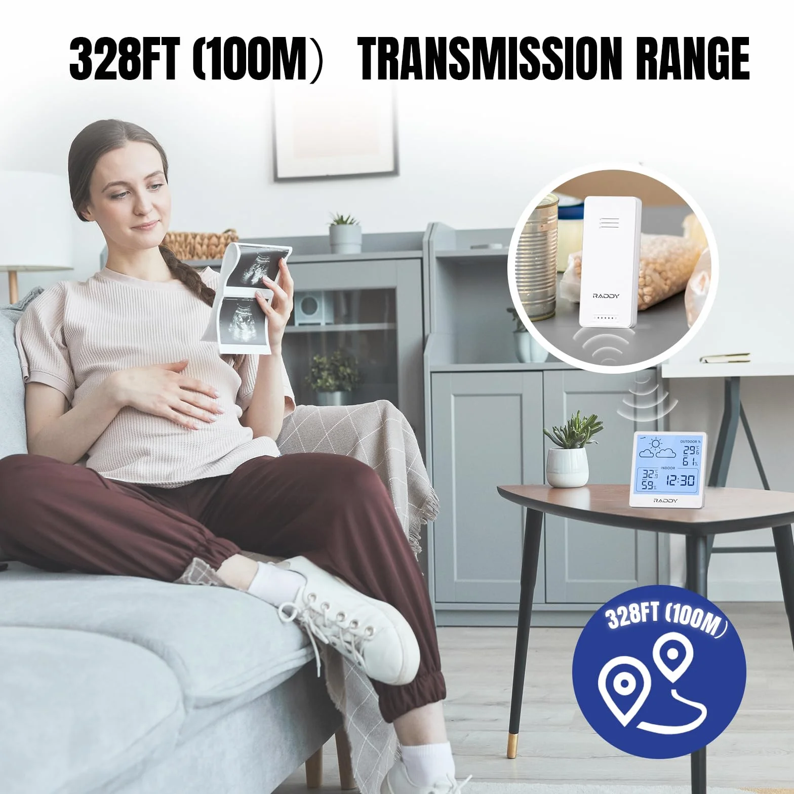 Raddy WF-50T Termometr Wewnętrzny Zewnętrzny Higrometr Bezprzewodowa Stacja Pogodowa 5.0'' Wyświetlacz TN