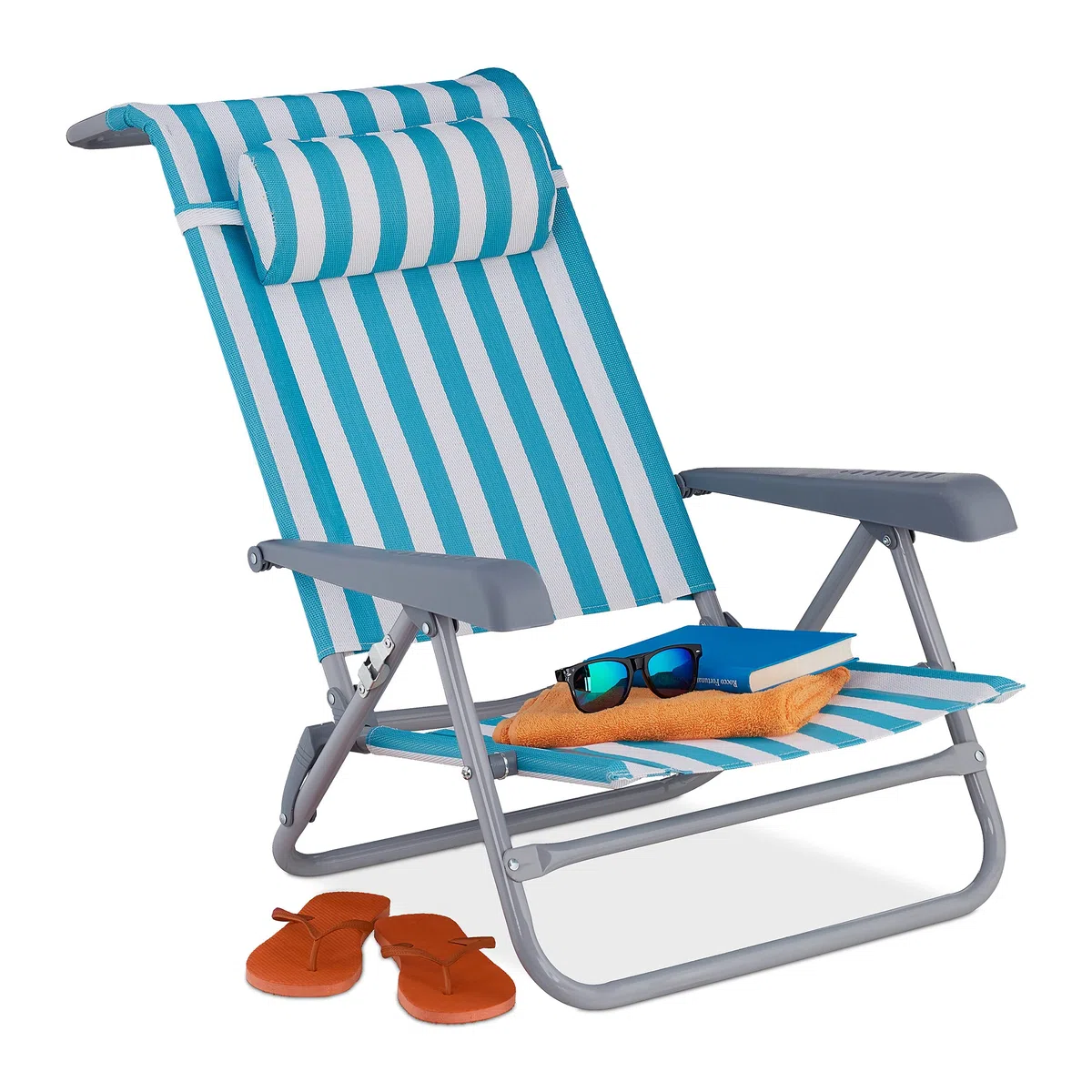 Relaxdays Leżak składany, 8-stopniowa regulacja, krzesło plażowe z poduszką pod kark, podłokietnikami i otwieraczem do butelek, niebieski/biały, 1 sztuka