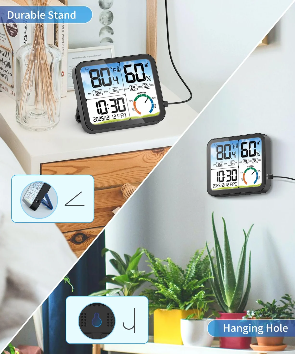 VOCOO Cyfrowy termometr pokojowy – bardzo duży wyświetlacz temperatury i wilgotności z dokładnym monitorem wilgotności temperatury, kalibracja, maks. i minimalne zapisy, komfort, podświetlenie, data i