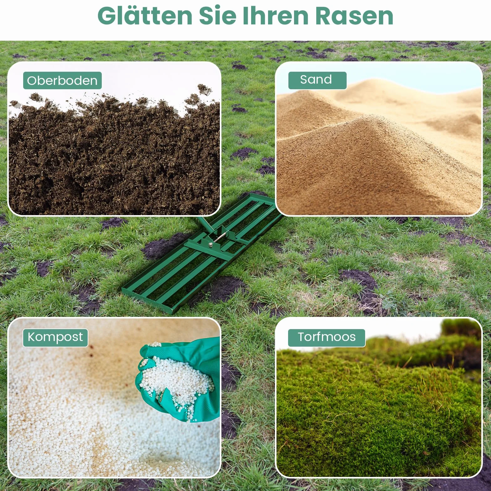 COSTWAY Gräsutjämnare, i metall med ergonomiskt handtag, utjämningskratta för gräsmatta och sand, för trädgård och golfbana, grön (91 x 25 cm)