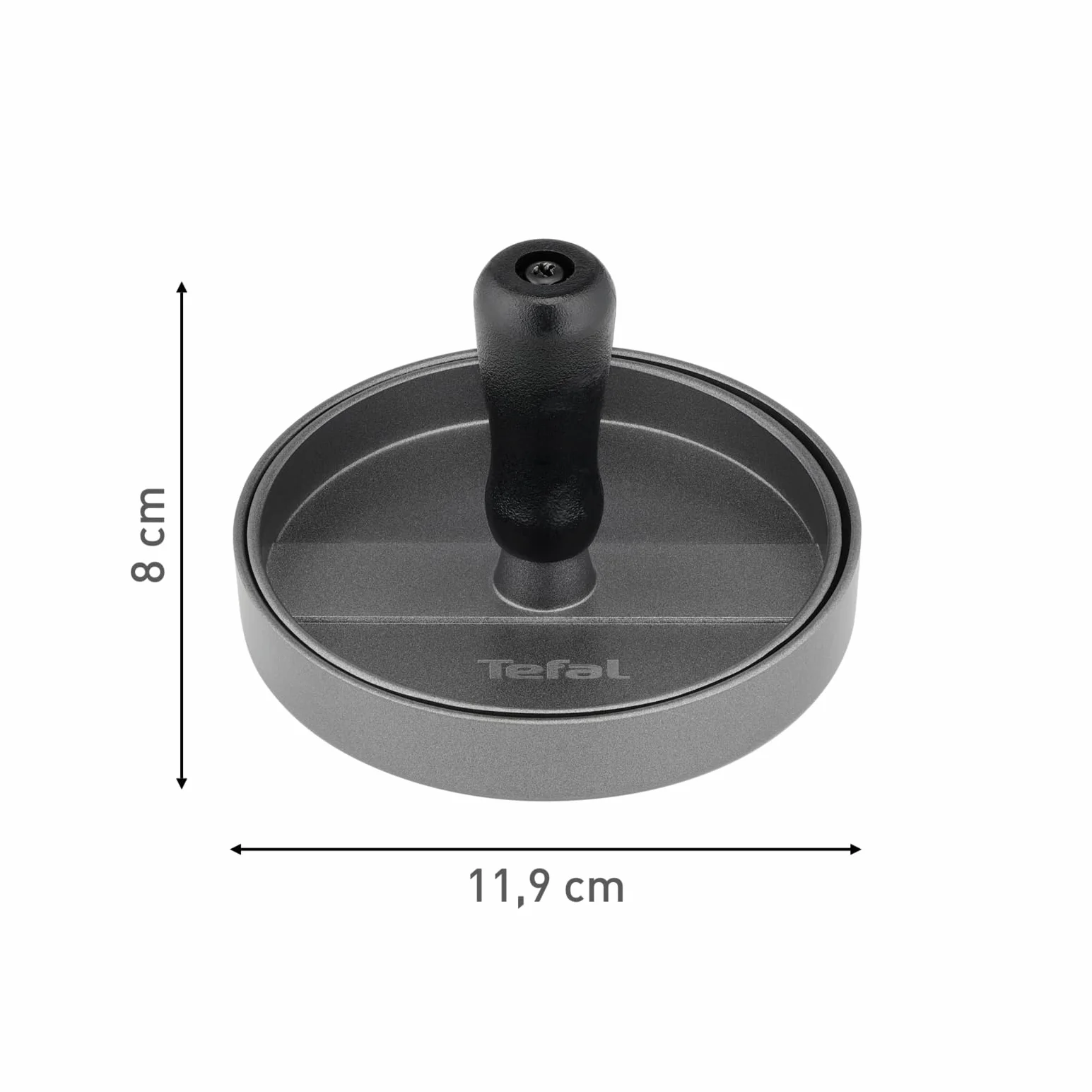 Tefal K18511 Prasa do hamburgerów, 12 cm, do doskonałych burgerów mięsnych, rybnych i warzywnych, nadaje się do mycia w zmywarce, powłoka nieprzywierająca, akcesoria do grilla, czarna/szara