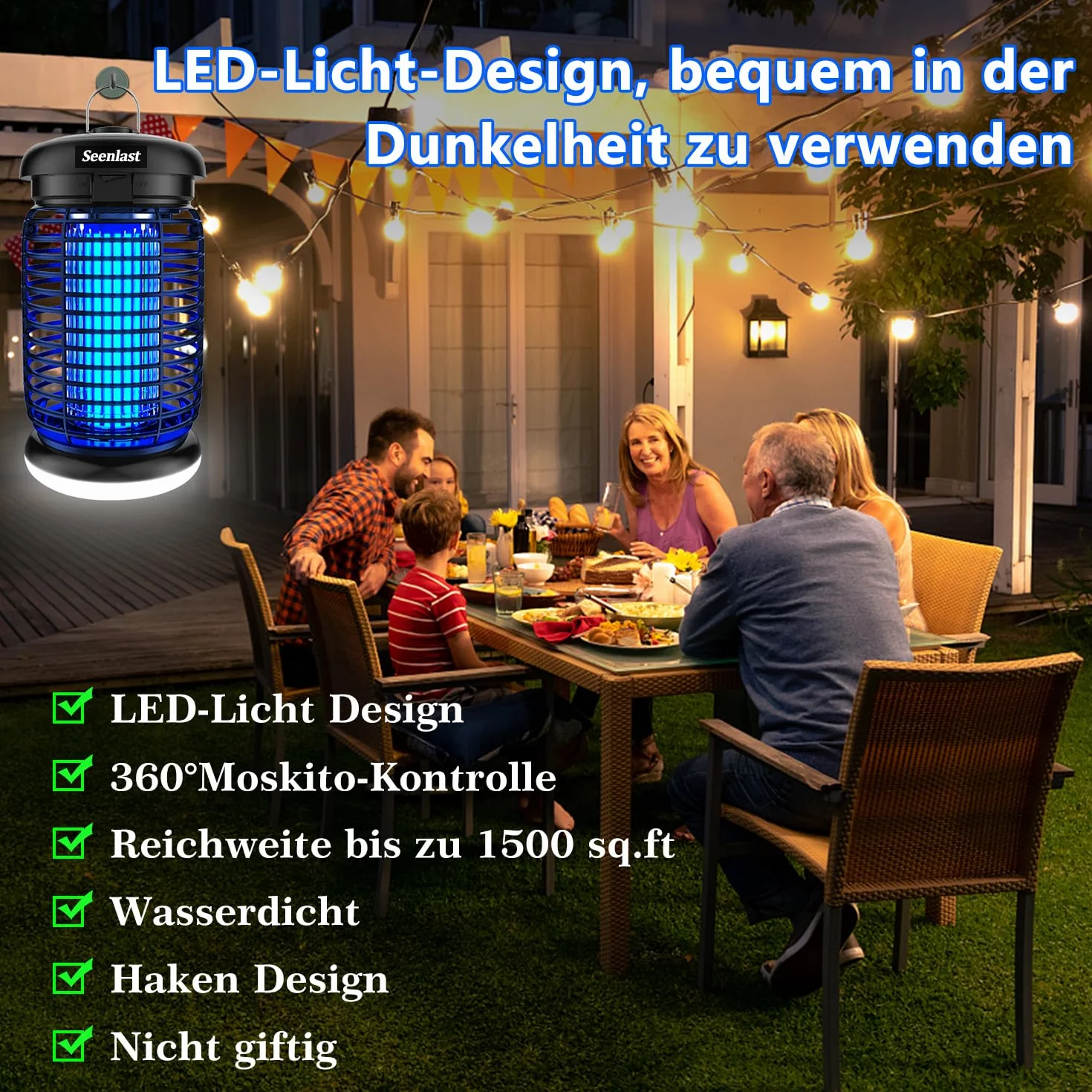 seenlast Elektryczna Pułapka na Owady, Lampa owadobójcza 15W 4200V z oświetleniem LED | Wodoszczelna (IPX4) | Skuteczna przeciw komarom, molom, muchom, pająkom | Do użytku wewnątrz i na zewnątrz