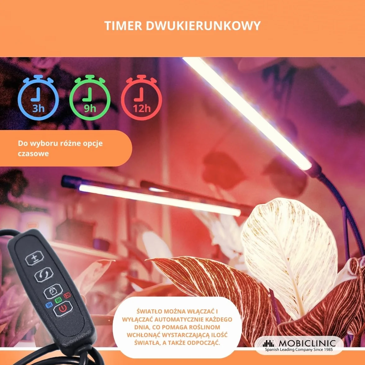 Mobiclinic Lampa Roślinna LED Growflex X3 60W Pełne Spektrum 6000K 10 Poziomów Jasności Obrót 360°