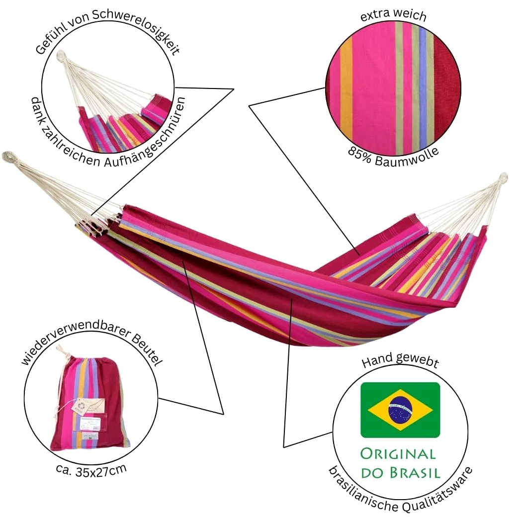 Amazonas Brazylijski hamak XL Barbados Grenadyna 230 x 150 cm dla 2 do 3 osób do 200 kg kolorowe paski długość całkowita 340 cm