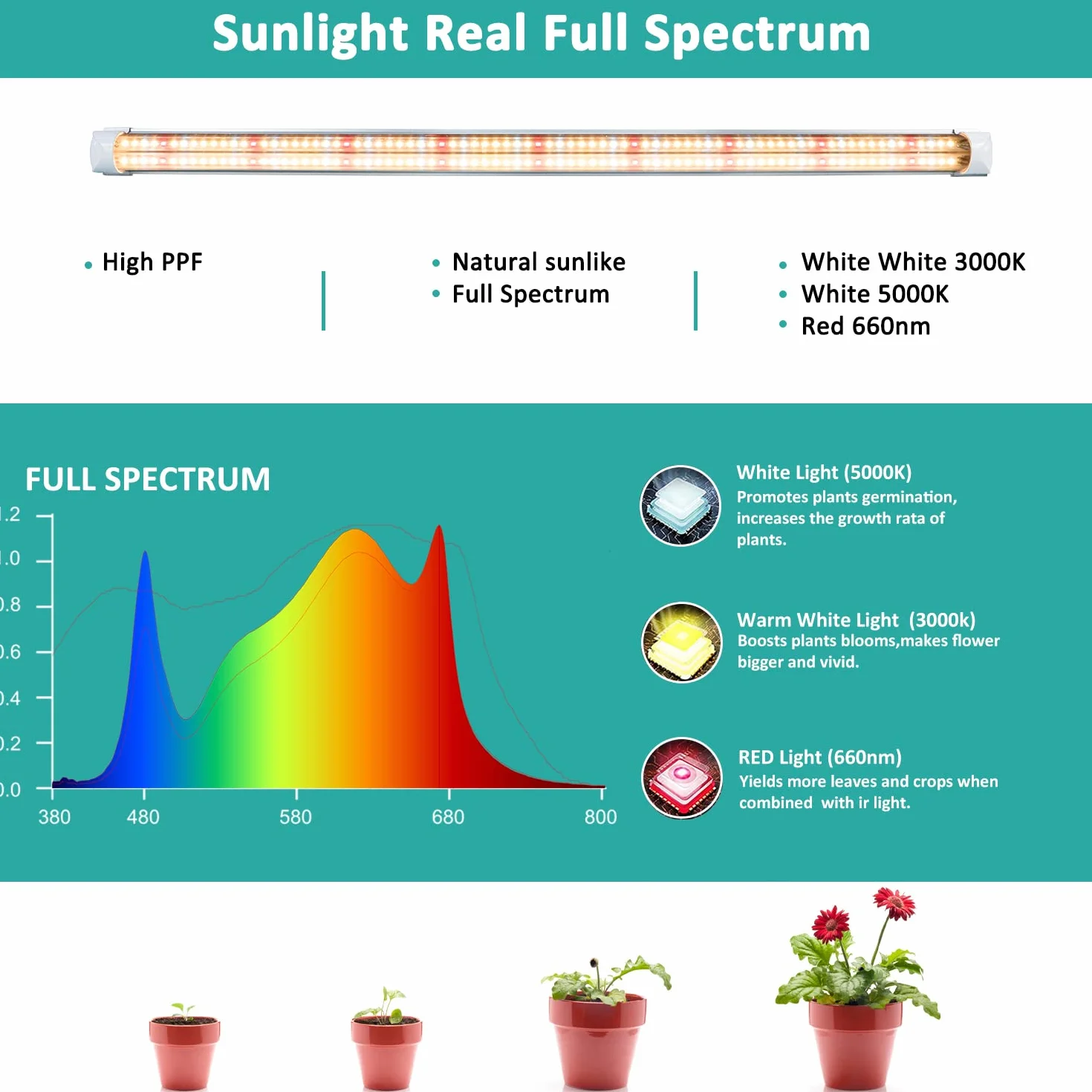 Niello T8 Pflanzenlampe LED, 4-Pack Vollspektrum Grow Lampe für Zimmerpflanzen, 60cm 72w 660 nm / 3000 K / 6500 K Pflanzenlicht Daisy Chain Design for Aussaat, Grow Shelves (T8)