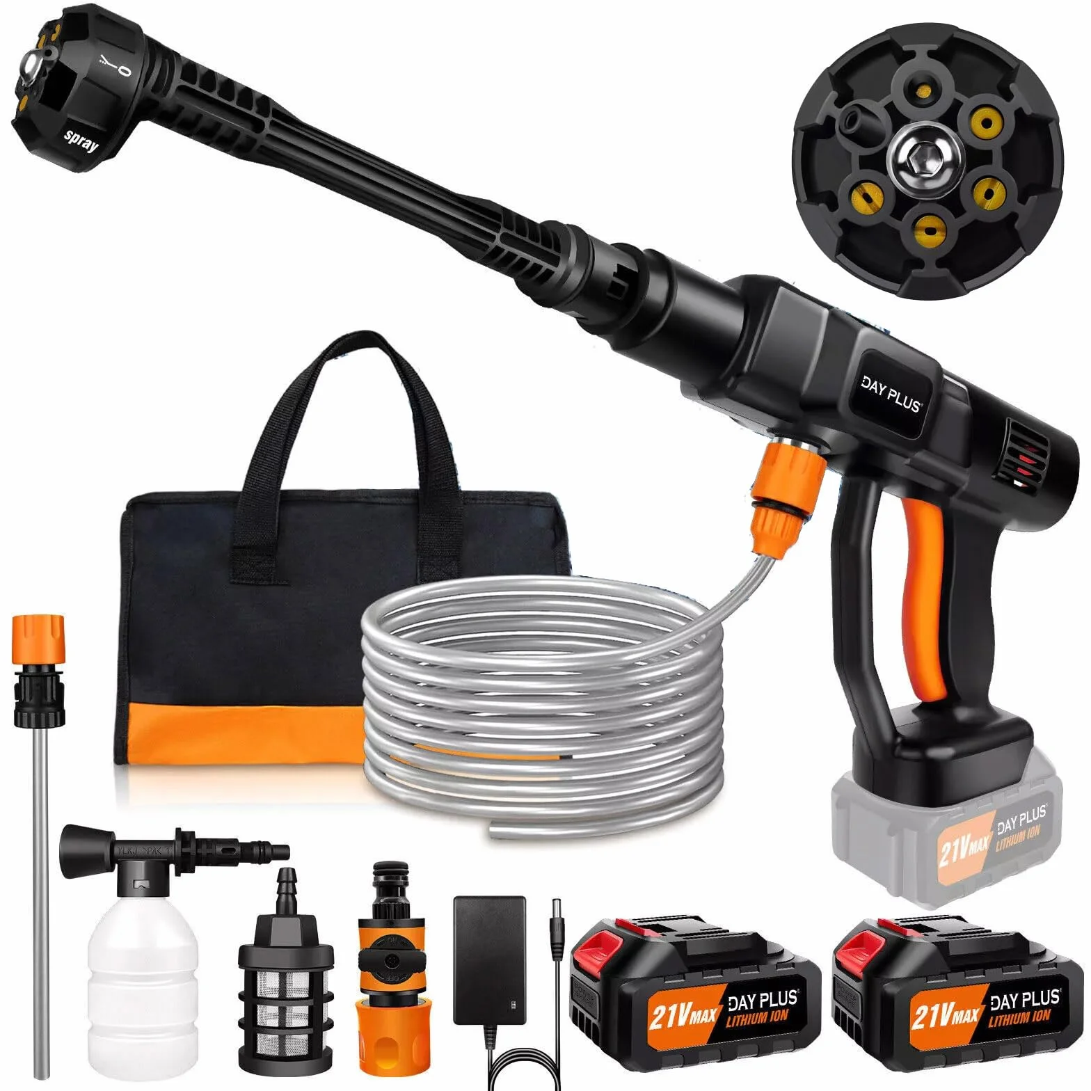 Bezprzewodowy pistolet na wodę 6in1 21 V 300 barów/3000 PSI z 2 bateriami 3,0 ah, wąż 5 metrów