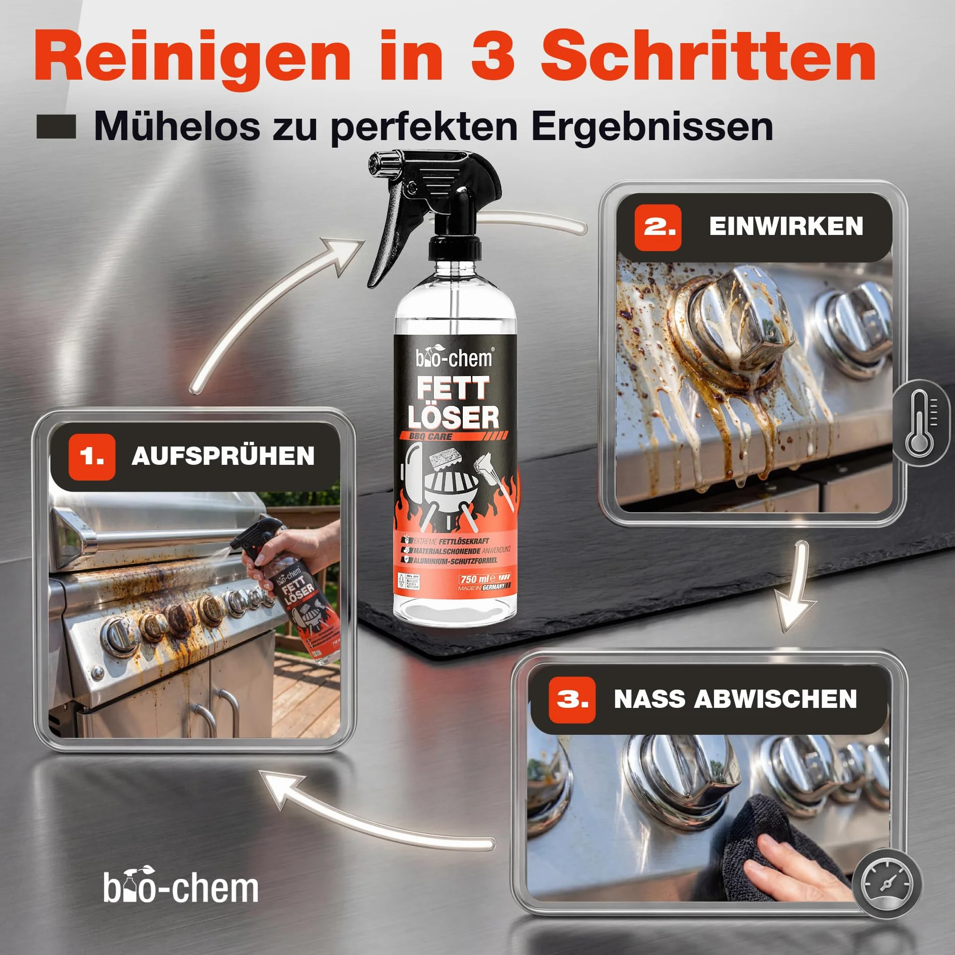 bio-chem BBQ-Cleaner ?rodek do czyszczenia grilla 750 ml + ?ciereczka z mikrofibry efektywne czyszczenie w profesjonalnej jako?ci spray piel?gnacyjny do rusztu do grilla, bezzapachowy i przyjazny