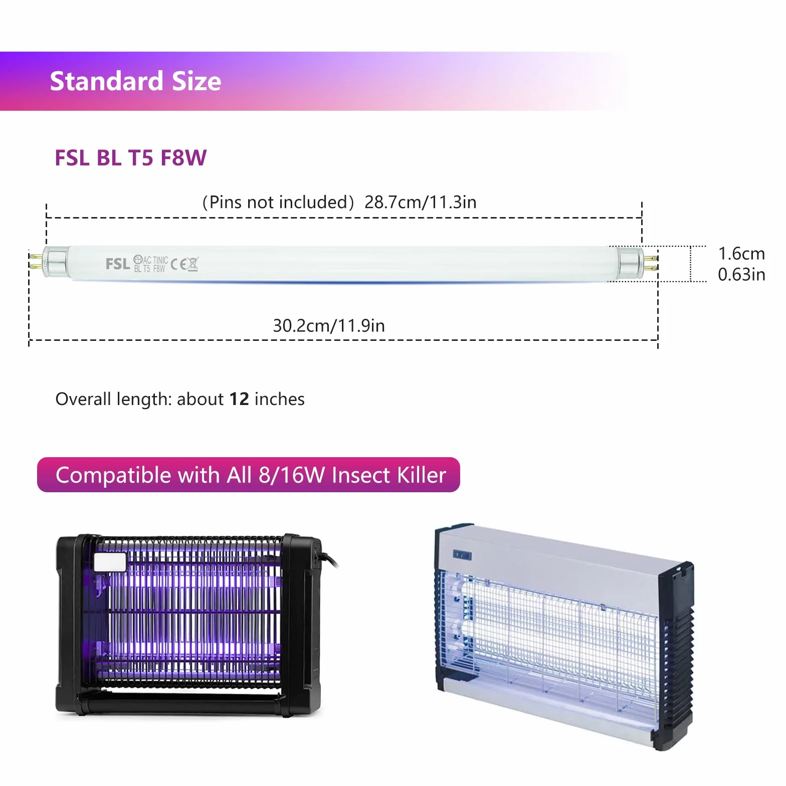 FSL T5 F8W BL wymienna żarówka do zabójcy komarów 30 cm rura UV 8W/16W (2 sztuki)