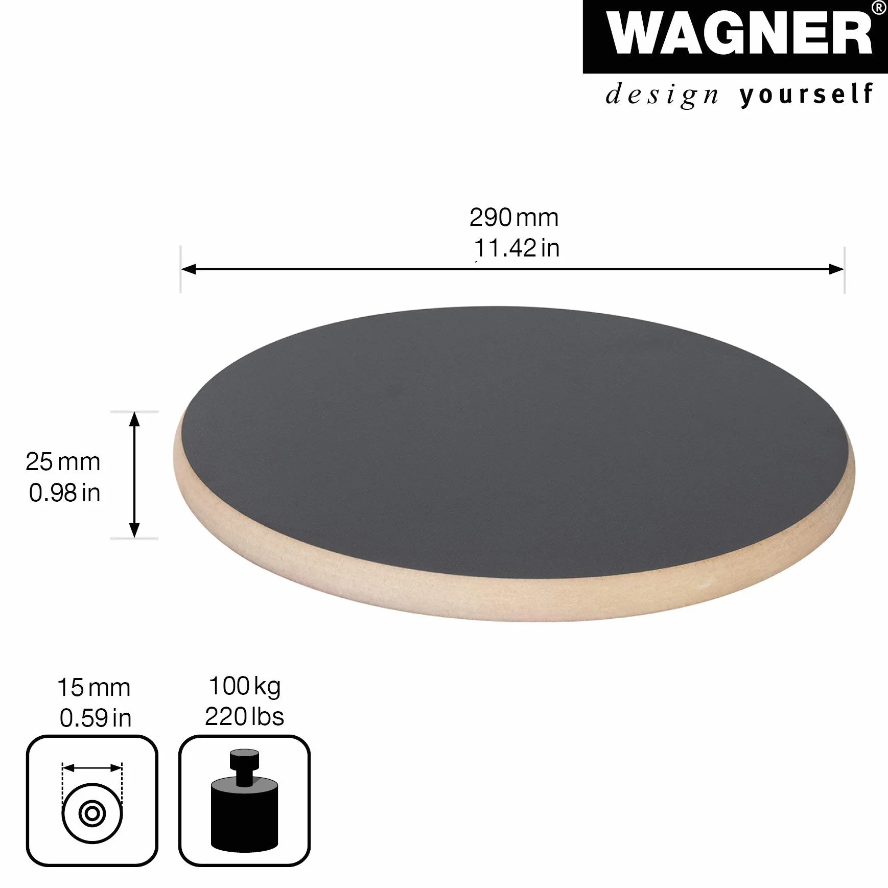 WAGNER Podstawka pod rośliny Black Ø 29,5 x 2,5 cm MDF z powłoką melaminową nośność 100 kg Made in Germany