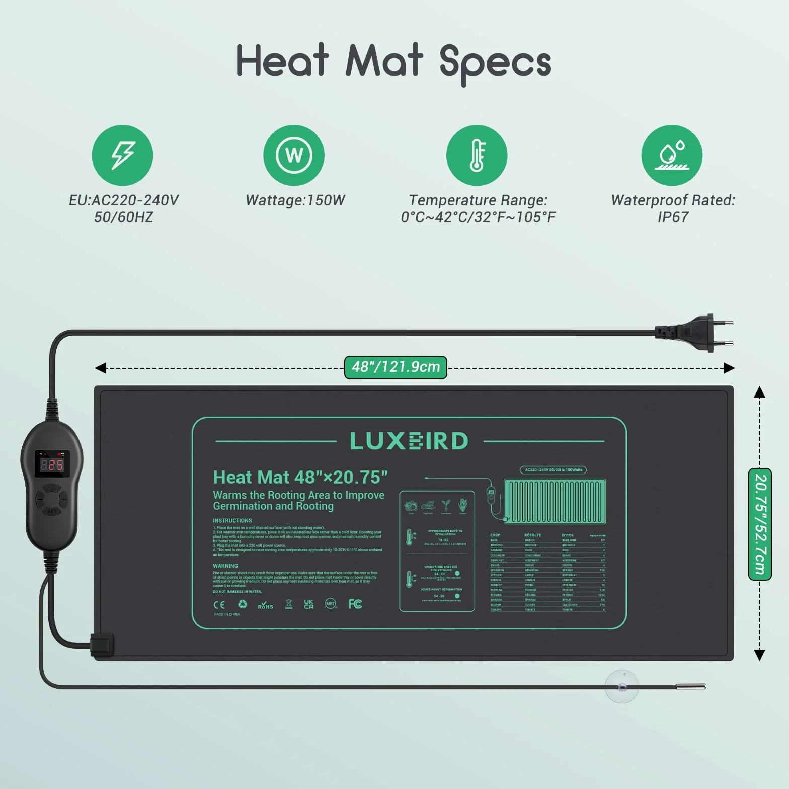 Luxbird Mata grzewcza z termostatem, szklarnia pokojowa, mata grzewcza do sadzonek, 150 W, wodoszczelność IP67, 121,9 x 52,7 cm
