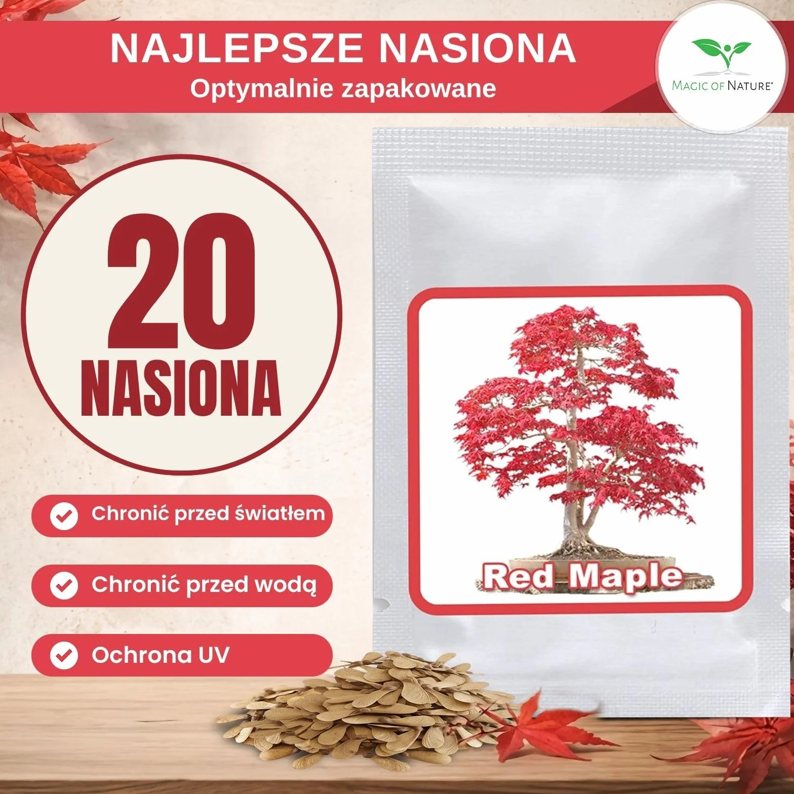 Klon Palmowy Czerwony Nasiona 20 szt - Mrozoodporny Acer Palmatum Atropurpureum Bonsai Ogród