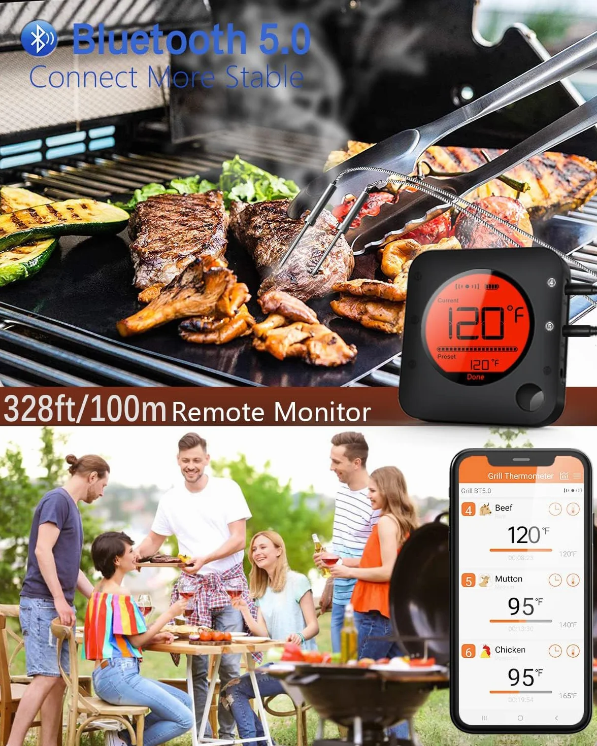 BFOUR termometr do grilla Bluetooth, cyfrowy termometr radiowy z 2 sondami, termometr do mięsa, termometr do pieczenia, 2 czujniki temperatury z alarmem, prezent do kuchni, do piekarnika, do mięsa i płynów