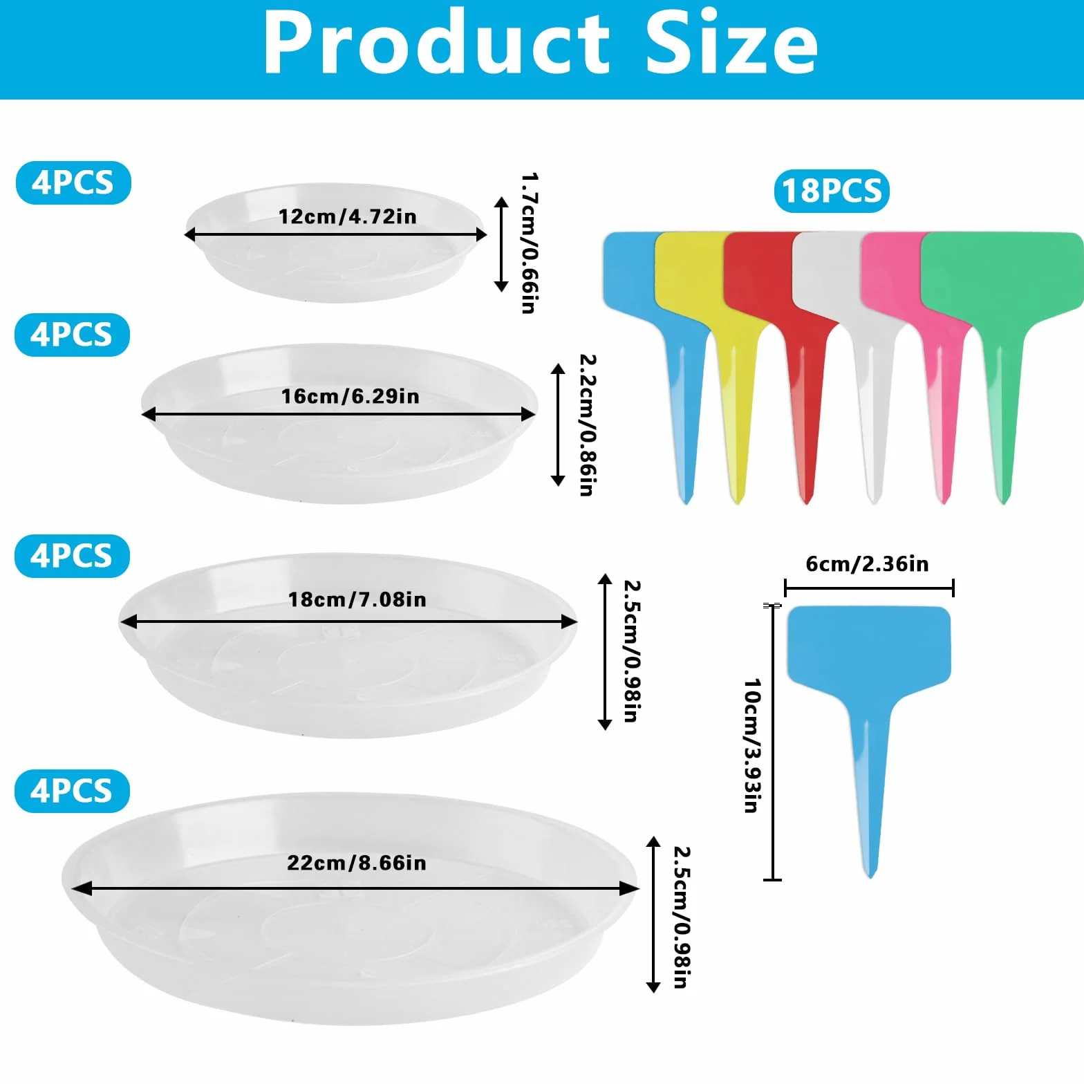 16 podstawek pod doniczki, okrągłe, plastikowe, podstawki na kwiaty, okrągłe, 12 cm, 16 cm, 18 cm, 22 cm, do użytku wewnątrz i na zewnątrz, z 24 etykietami
