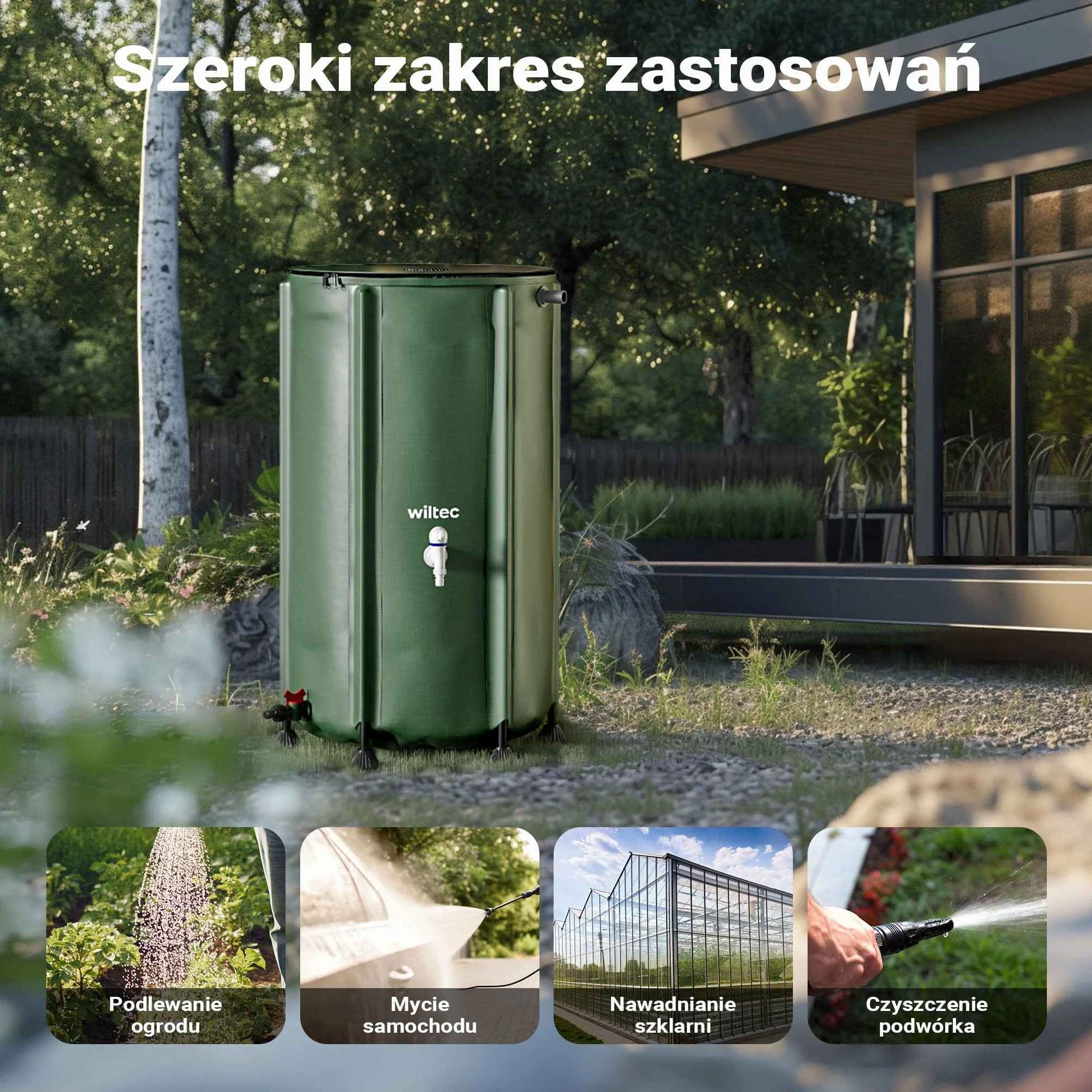 Wiltec Zbiornik na deszczówkę o pojemności 250 l, średnicy 60 cm i wysokości 88 cm, z pokrywką i kranem, beczka składana z tkaniny PVC 1000D na wodę