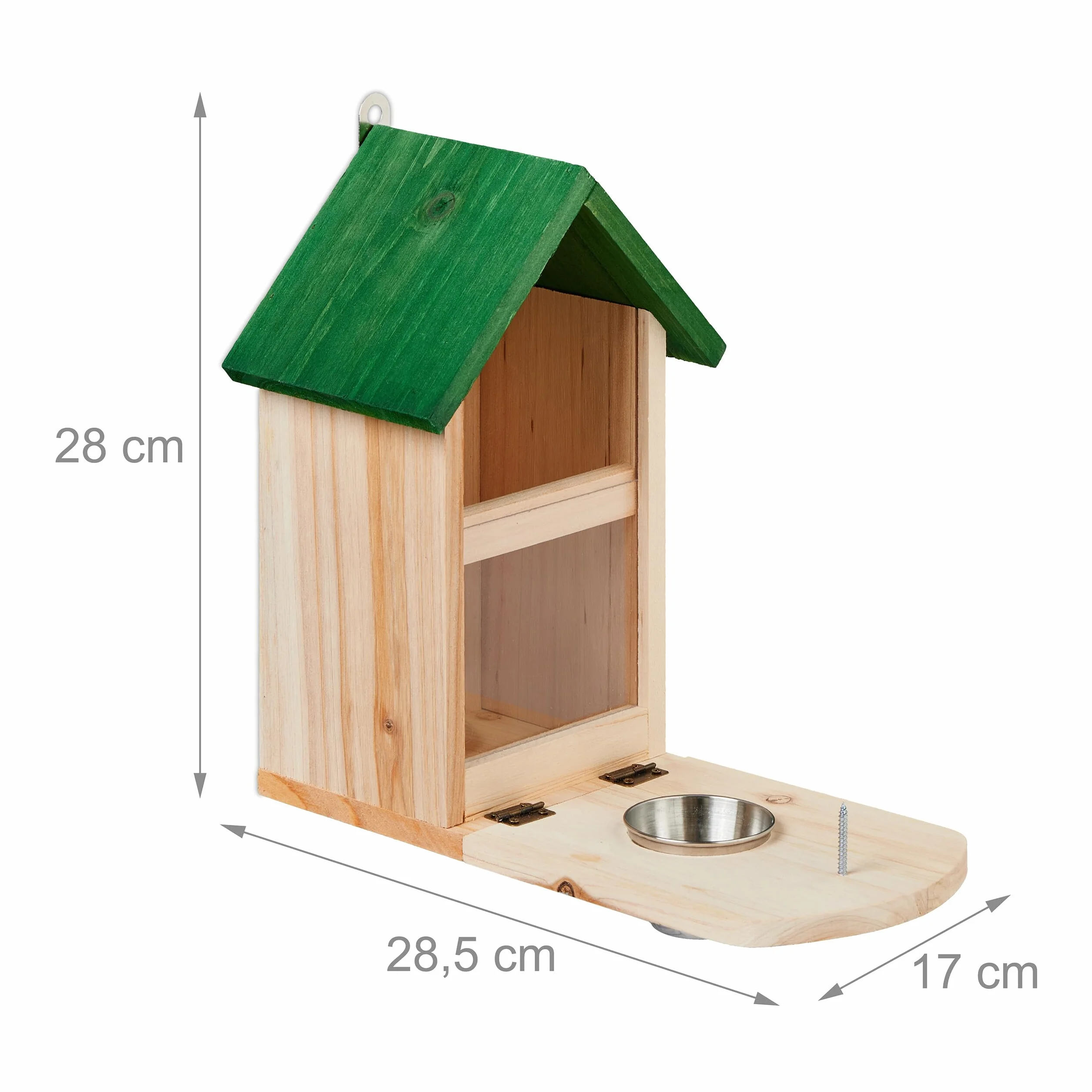 Relaxdays Karmnik dla wiewiórek, drewno, stacja do karmienia wiewiórek z uchwytem na kolbę kukurydzy, miska, platforma do siedzenia, naturalna/zielona, 1 sztuka
