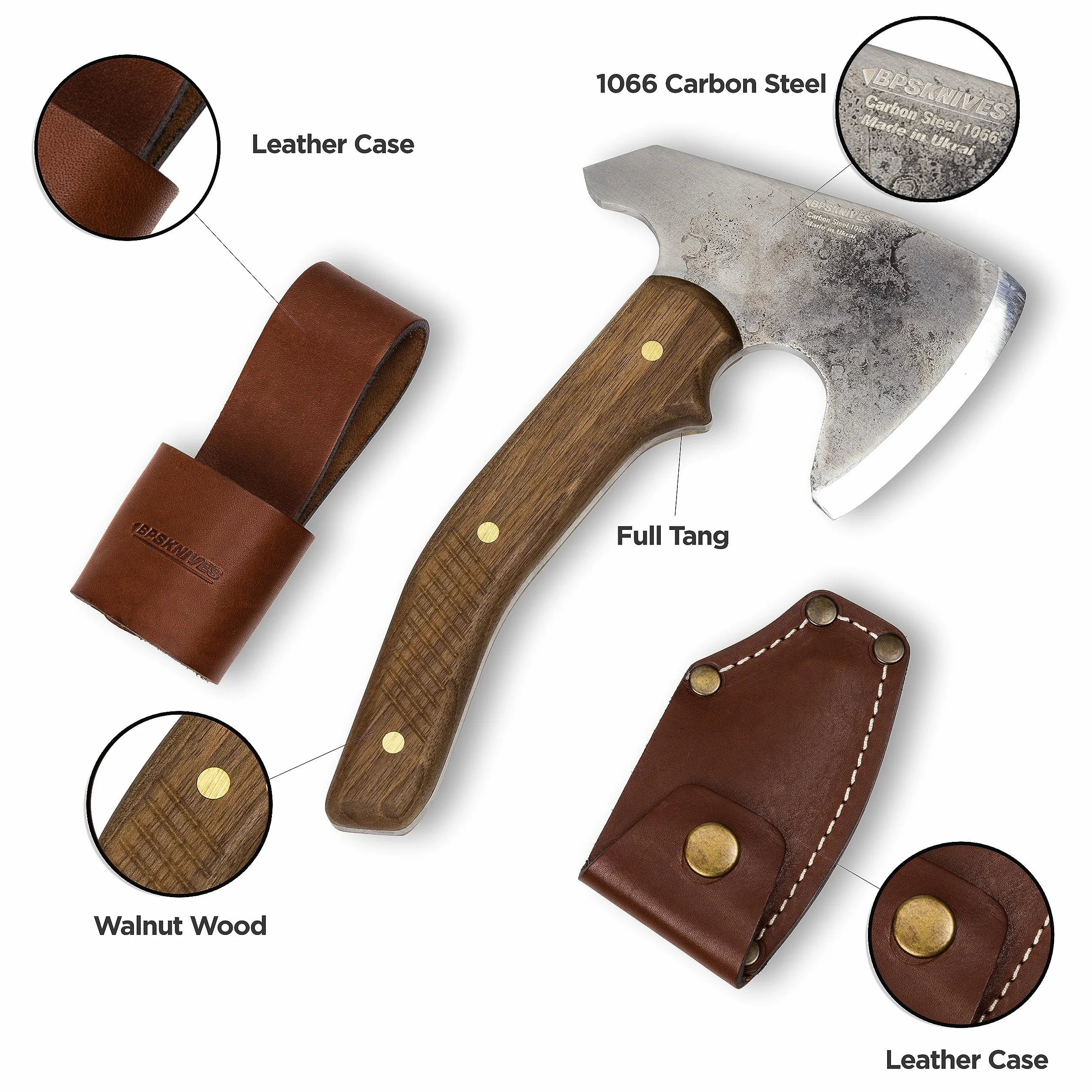 BPS Knives Bushcraft Axe with Leather Sheath - Pełnowymiarowa siekiera kempingowa - Toporek z węglowej stali - Siekiera kempingowa do ścinania drewna i ogrodnictwa.