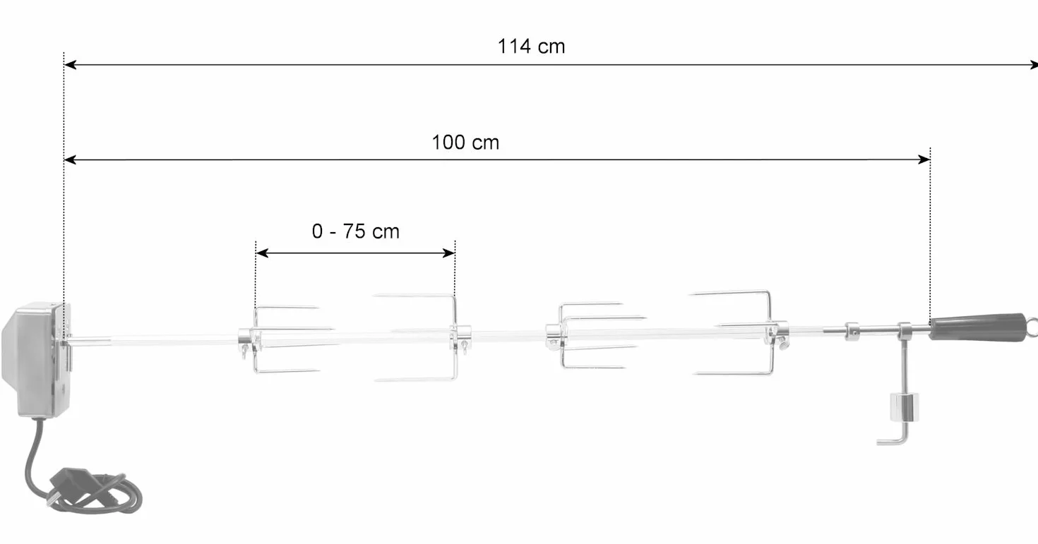 BBQ-Toro Zestaw rożen do grilla 100 cm wraz z 4 igłami do mięsa i silnikiem ze stali nierdzewnej, 220 V – 240 V, rożen obrotowy z silnikiem do grilla | elektryczny uniwersalny szszpecik do grillowania