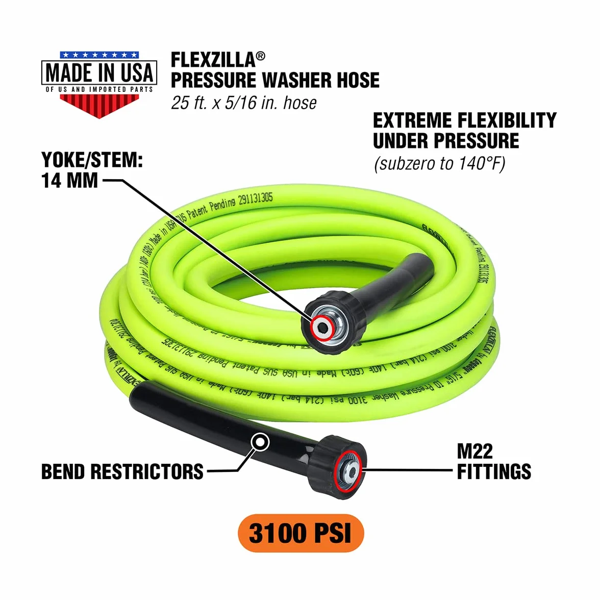 Flexzilla HFZPW3525M-E wąż do myjki wysokociśnieniowej 5/16 cala x 25, ZillaGreen, 1,5 cm x 7,6 m