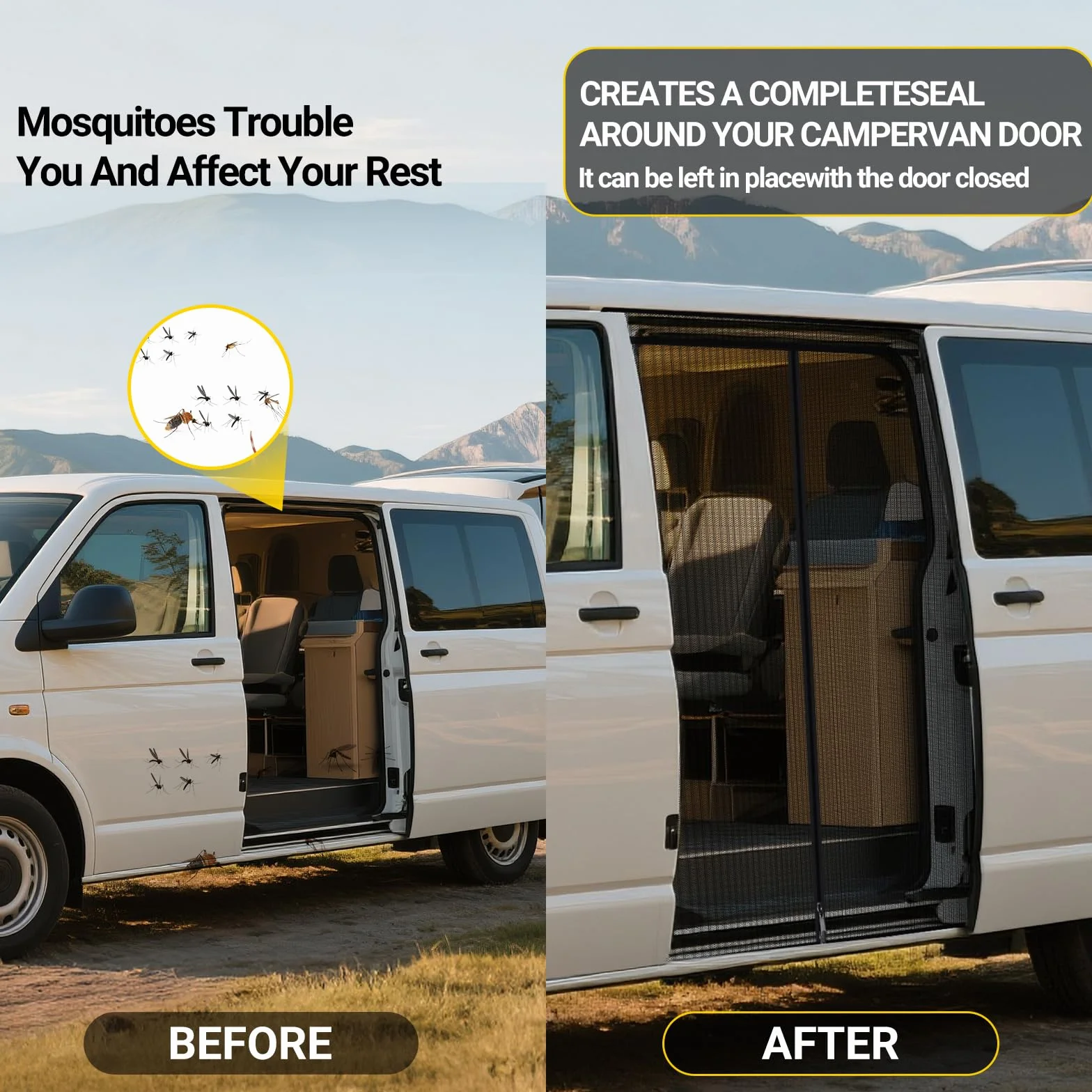 Moskitierka magnetyczna dla VW T5 T6 drzwi przesuwnych | Sieć przeciwkomary i moskitierka z zamkiem na środku | Ochrona przeciwsłoneczna jako akcesorium kempingowe dla Multivan