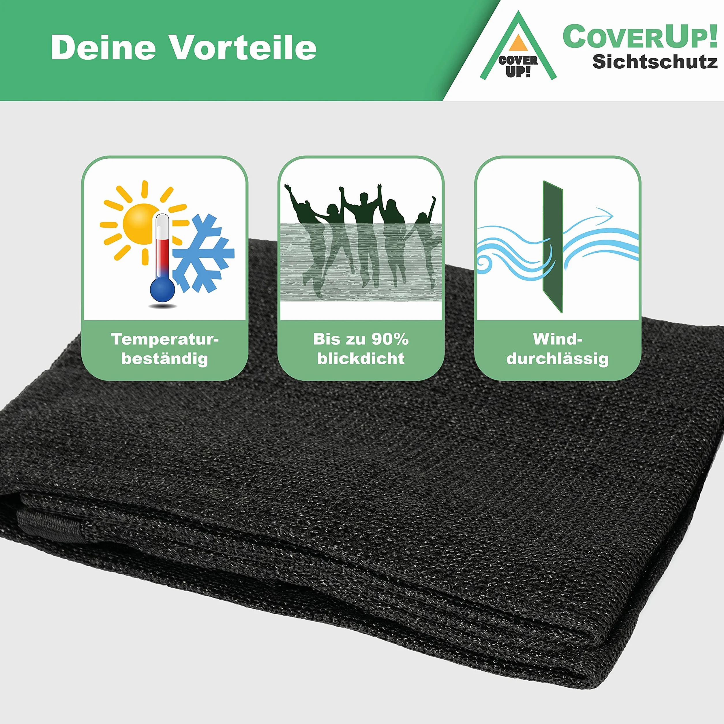 CoverUp! Osłona balkonowa 0,9 x 3 m czarna 180 g/m² z opaskami na rzepy