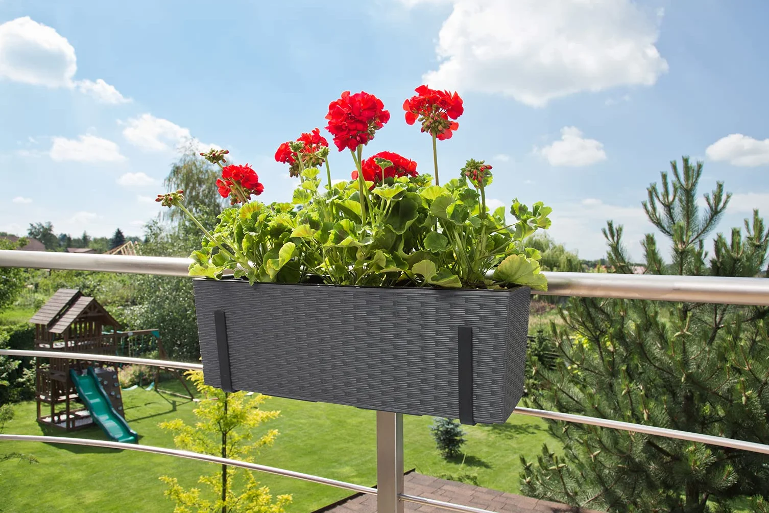 Kreher Skrzynka balkonowa XL ze zbiornikiem na wodę rattanowa antracytowa 56x18,5x19,5 cm
