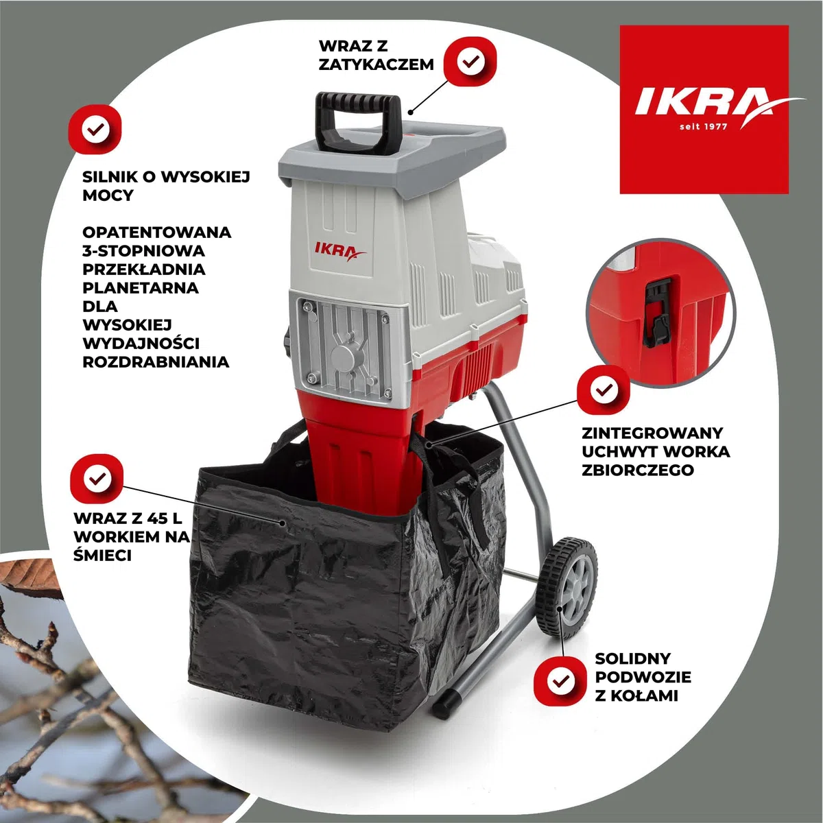 IKRA Rozdrabniacz do gałęzi elektryczny ILH 3000S, gałęzie do 44mm | Mocny silnik 3000W, cichy, solidny i łatwy w utrzymaniu, automatyczny wciąg gałęzi oraz bieg wsteczny