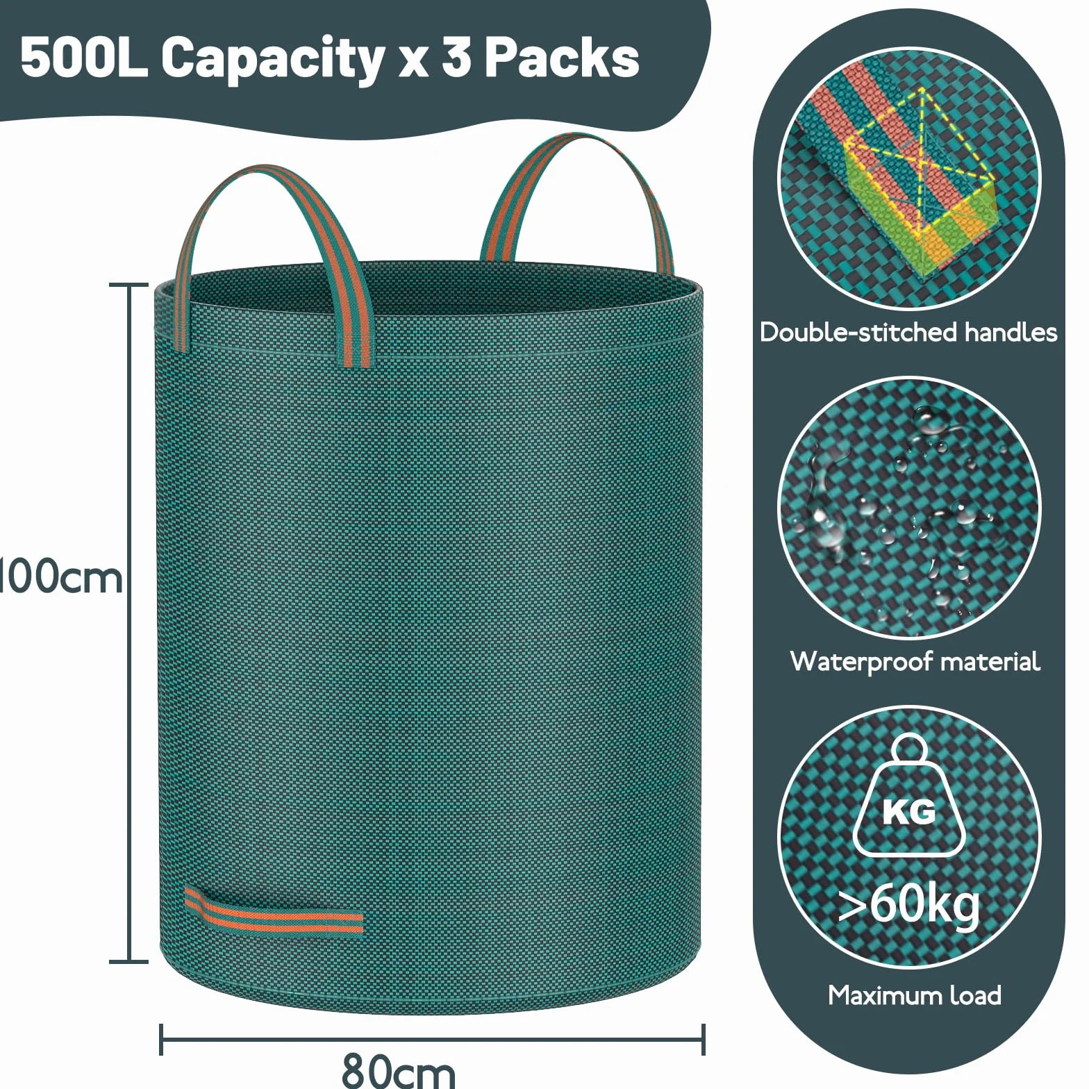Mokani Worki na odpady ogrodowe, 500 l x 3 worki ogrodowe, wytrzymałe, z uchwytami, wielokrotnego użytku, składane torby kempingowe do recyklingu, na liście, śmieci, gruz, wodoodporne
