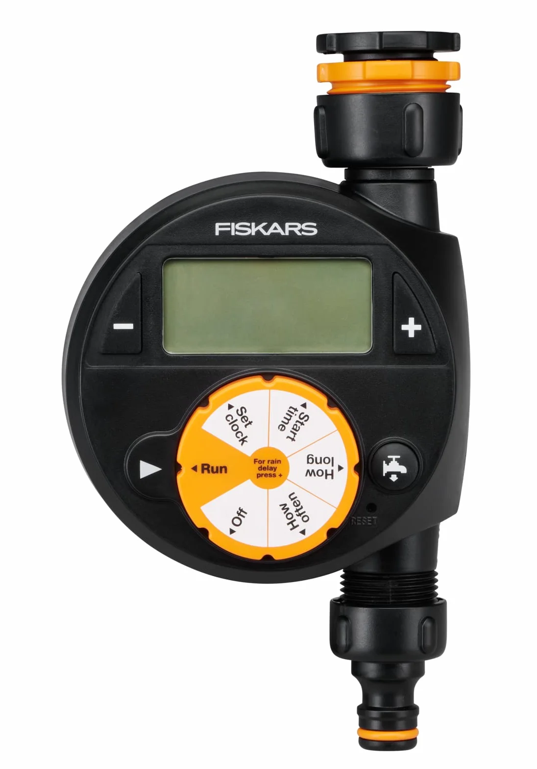 Fiskars Sterownik nawadniania, Pojedynczy, Do wszystkich popularnych rozmiarów kranów, Duży, czytelny wyświetlacz LCD sprawia, Uniwersalny rozmiar, 380 g, Czarny/Pomarańczowy, 1054791