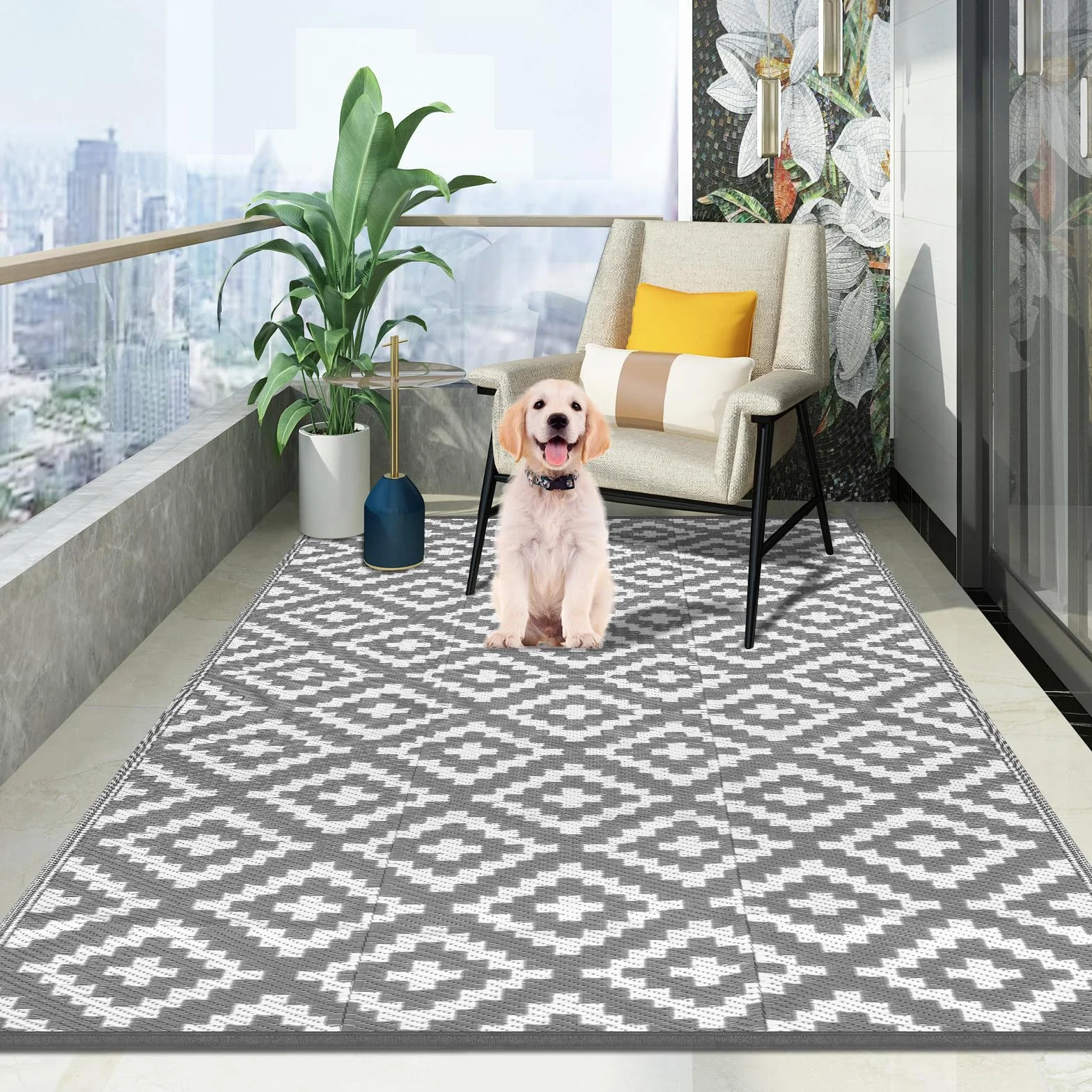 Dywan Zewnętrzny na Patio, Dywanik na Taras na Zewnątrz Odporna na Warunki Atmosferyczne 120x180 CM, Dywanik Balkonowy Wodoodporny, Dwustronny, Odporna na UV, Składana i Można Prać