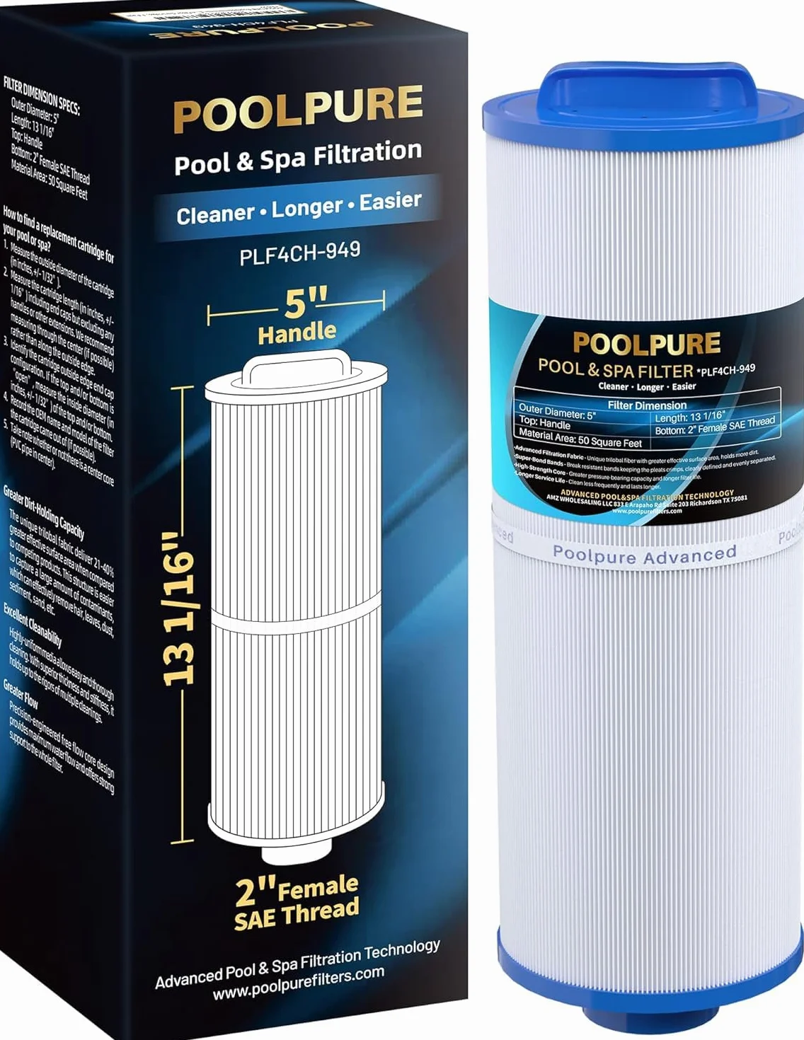 POOLPURE filtr spa 4CH-949 zamiennik Pleatco PWW50L, Filbur FC-0172, SD-01143, 817-4050, Rising Dragon 50, Waterway Teleweir, wkład filtrujący 4,6 m2 (1 opakowanie)