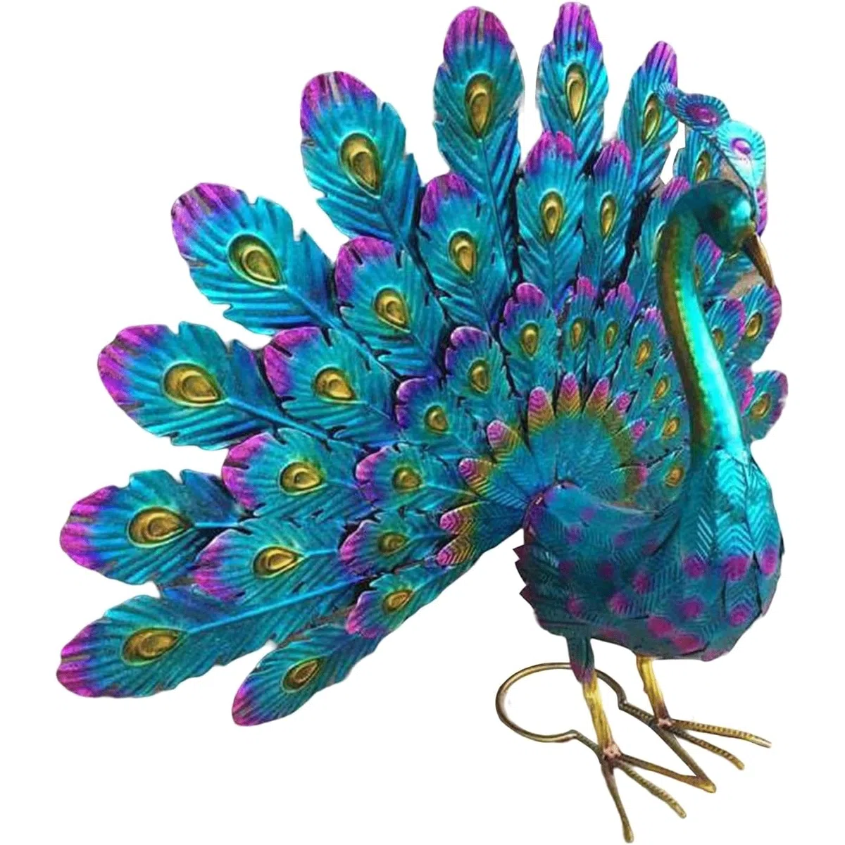 Posągi ogrodowe, paw, statuetka zewnętrzna, dekoracja, niebieski metalowy paw, rzeźba na zewnątrz, piękny ptak, sztuka, statuetka, ogród, realistyczna statuetka zwierzęca, na podwórko, trawnik,