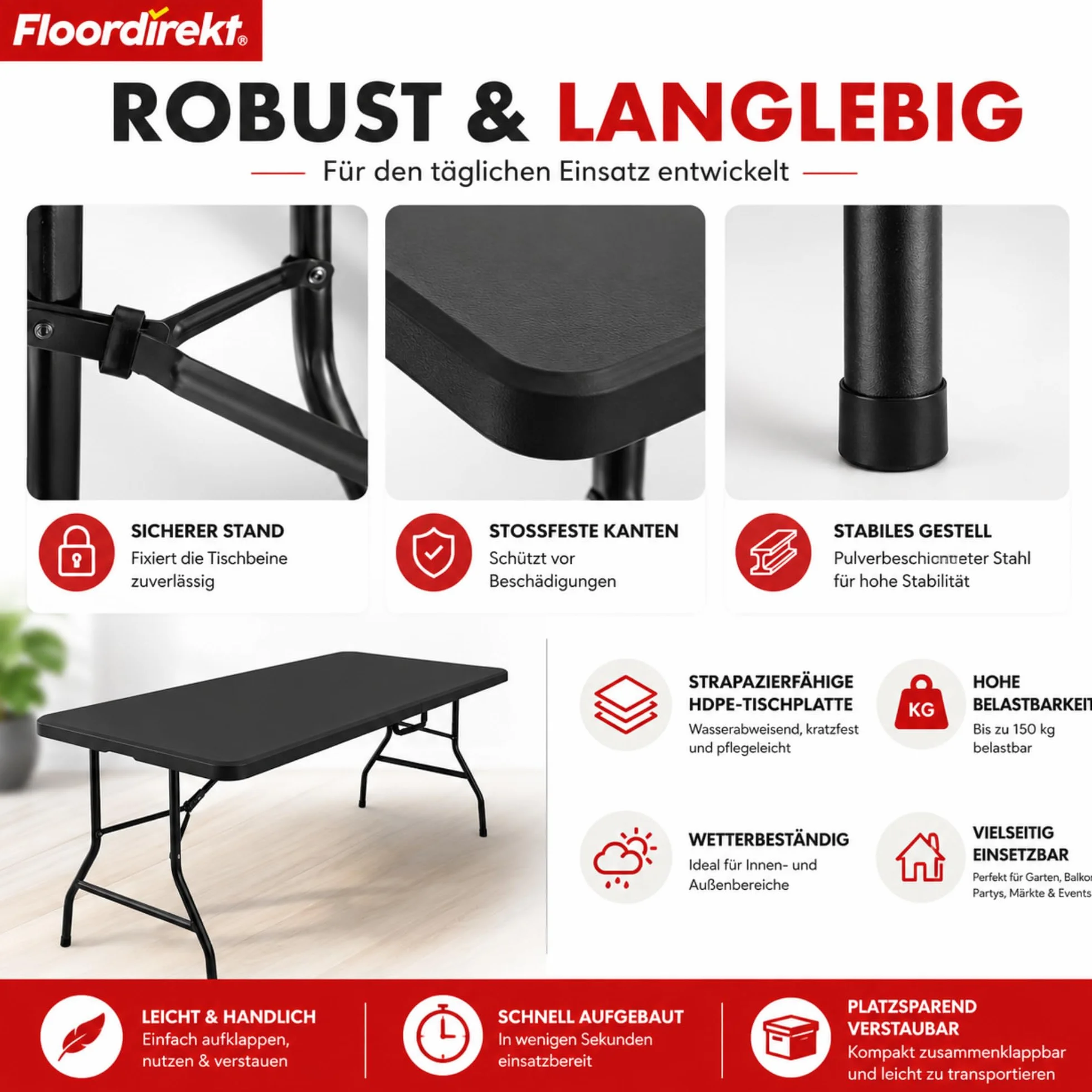 Floordirekt - Składany stół ogrodowy z tworzywa sztucznego 180 x 73 cm – stół bufetowy z uchwytem do noszenia – składany stół do ogrodu, na taras i balkon – stół kempingowy dla 6 osób (Kioto)
