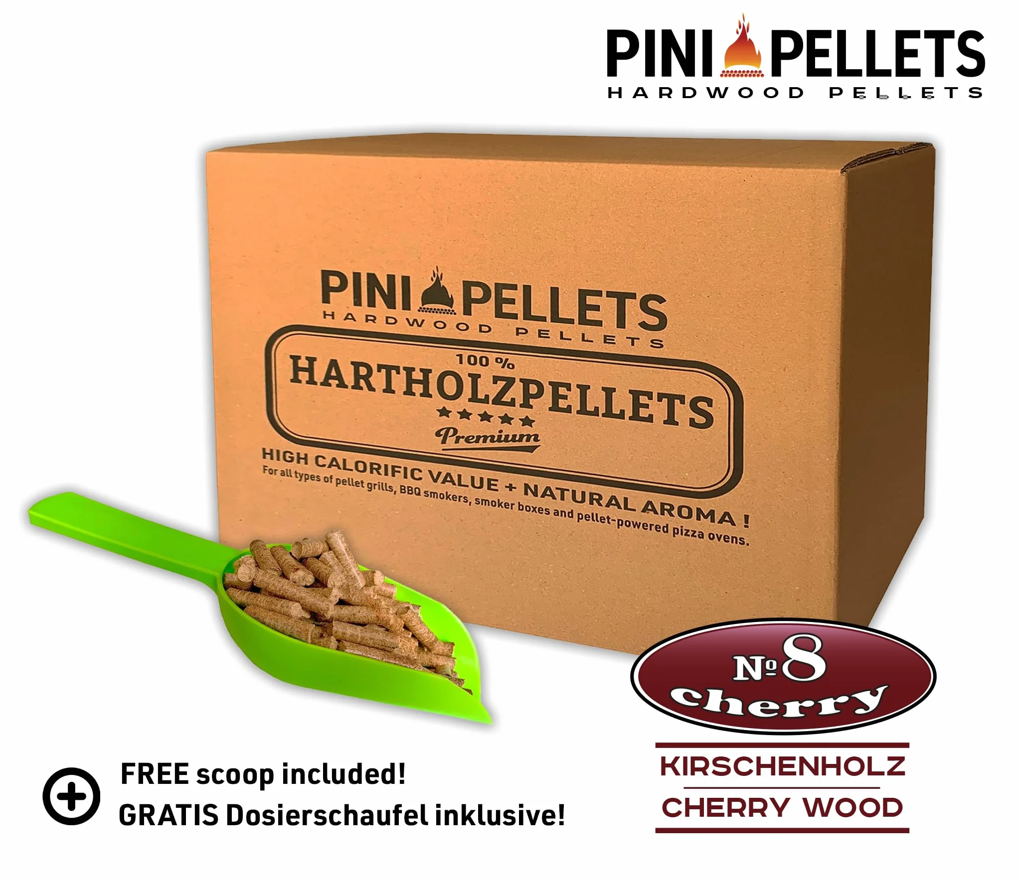 PINI Pellet grillowy № 8, wiśnia, 10 kg, pellet z twardego drewna do grillowania, wędzenia