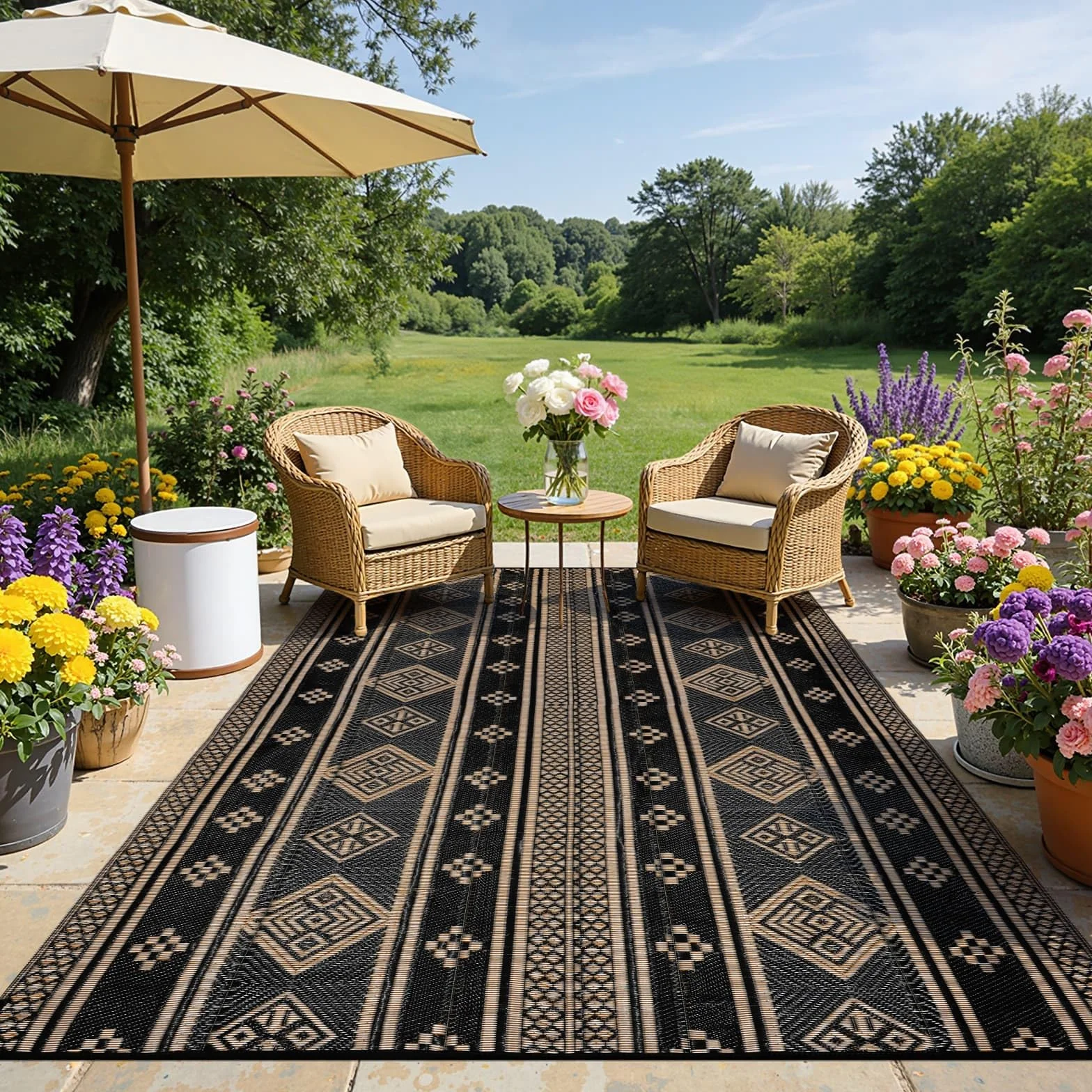 SHACOS Dywan zewnętrzny na patio, wodoodporny, 150 x 240 cm, czarny, dwustronny dywan ogrodowy, dywany, odporny na promieniowanie UV, składany dywan na zewnątrz, mata z tworzywa sztucznego, słomkowy
