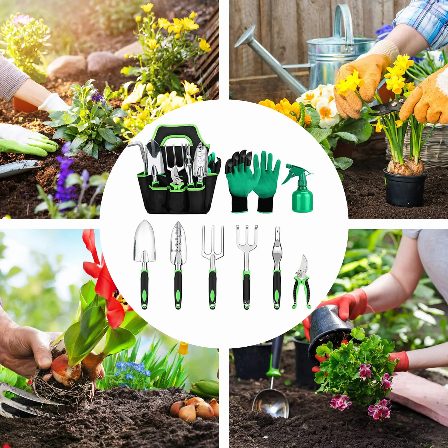 Jauhmui 9-częściowy aluminiowy zestaw narzędzi ogrodowych z torbą do przechowywania, ergonomiczne drewniane uchwyty, idealny do ogrodnictwa