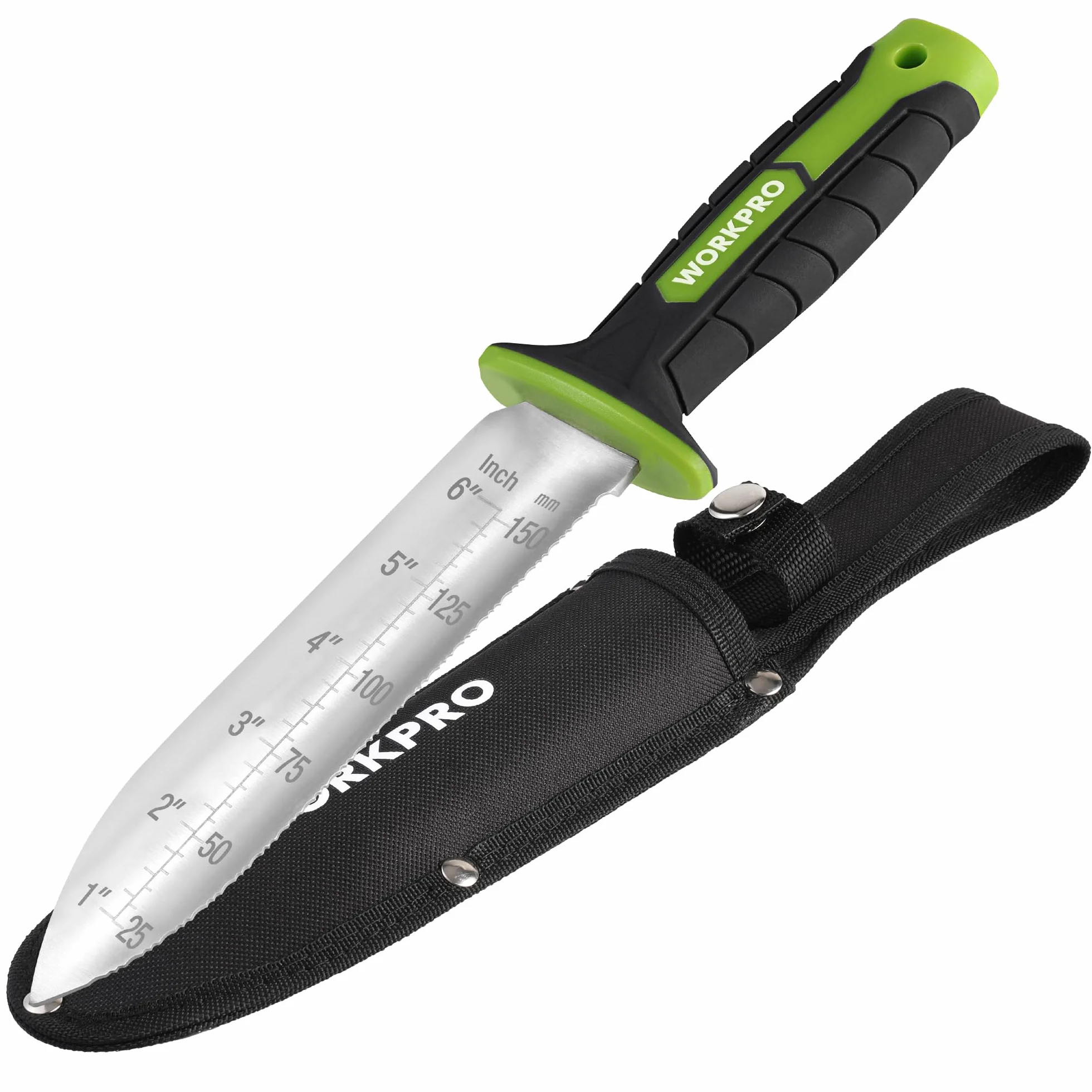 WORKPRO Hori Hori Garden Knife, 7" Stainless Steel Blade with Cutting Edge, Garden Tools with Oxford Sheath, Ergonomic TRP Handle with Hanging Hole for Weeding, Planting, Digging, Green