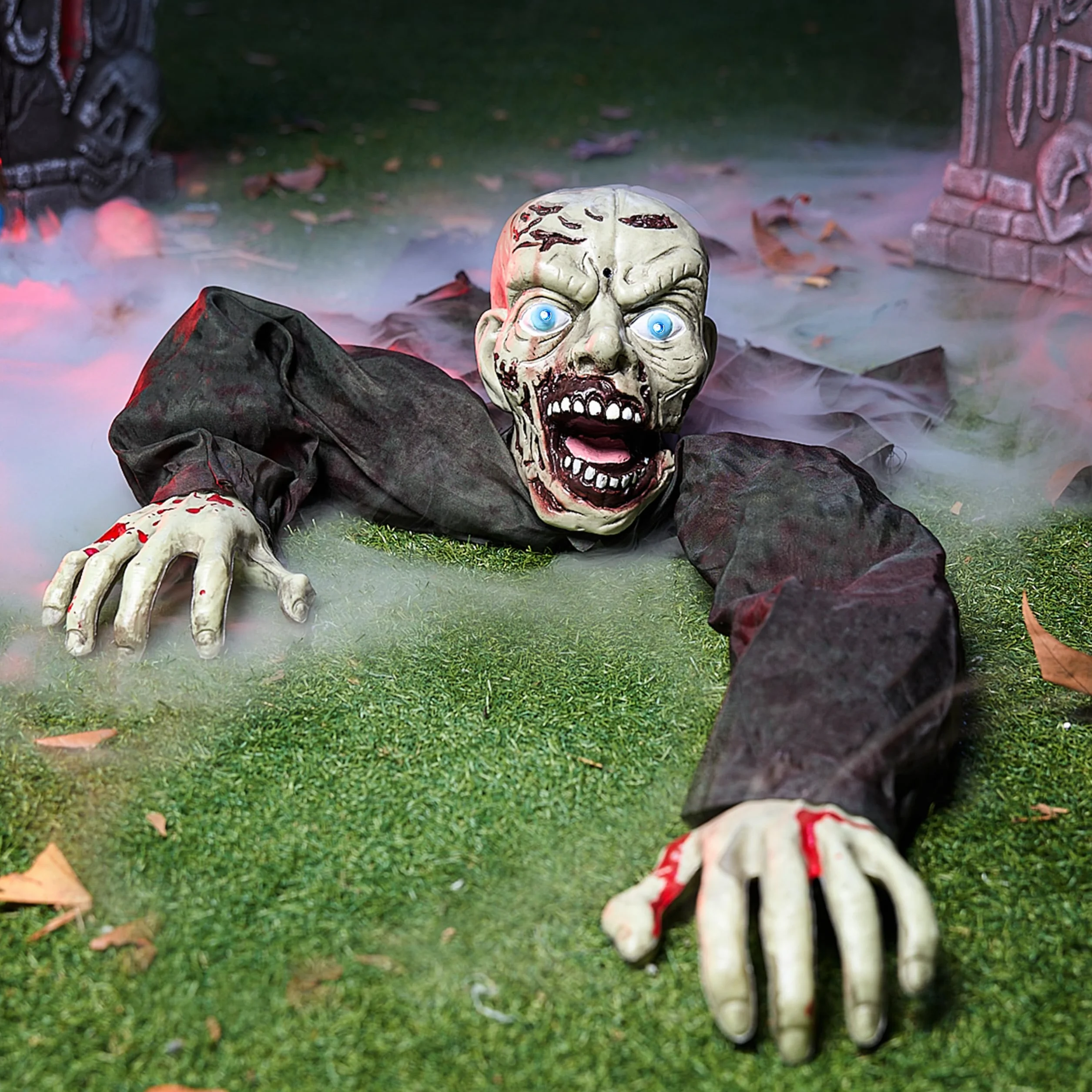JOYIN Dekoracja zewnętrzna na Halloween, animowany przełom zombie, z przerażającym dźwiękiem i migającymi oczami, na Halloween, podwórko, trawnik, patio, nawiedzony dom, dekoracje zewnętrzne
