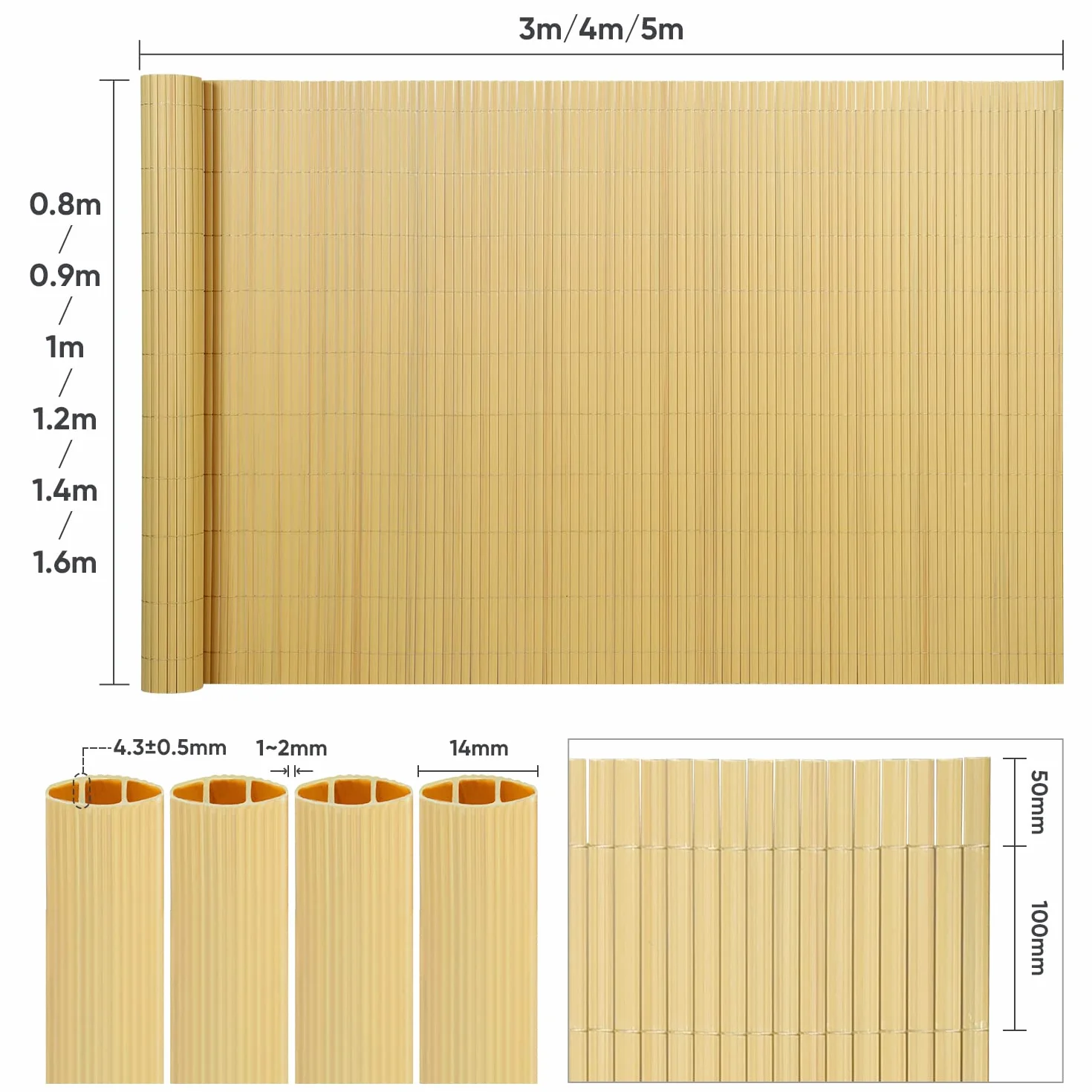 Sekey Mata maskująca z PCW, 100 x 500 cm, podwójne wzmocnienie do wnętrz, na balkon, z opaskami kablowymi, ochrona przed wzrokiem, ochrona przed wiatrem, wodoszczelna, na balkon, do ogrodu, bambusowa