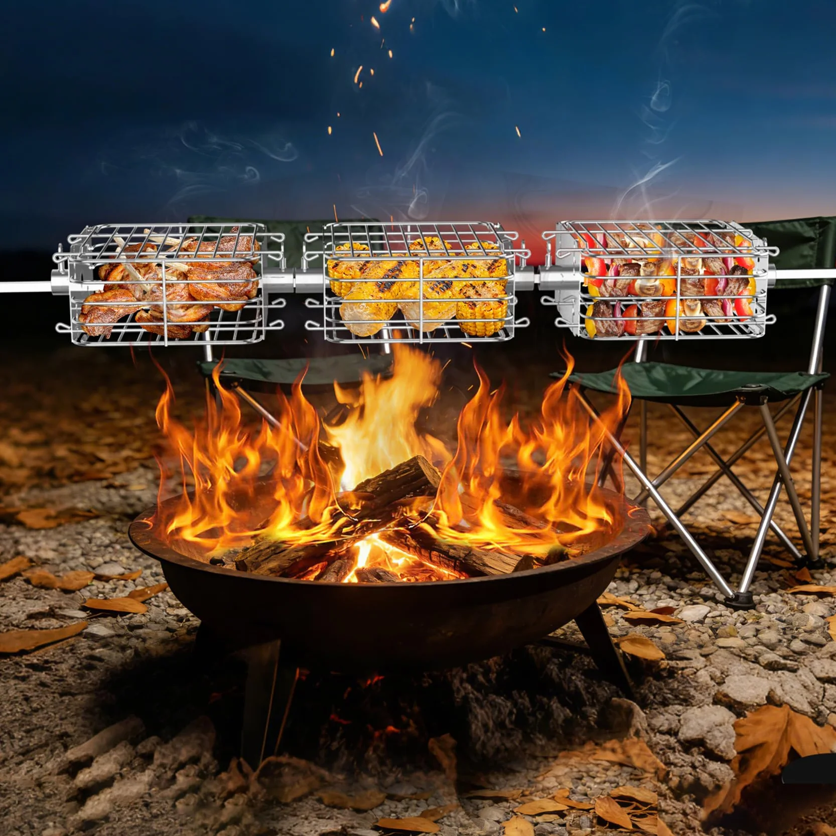 Onlyfire Zestaw 3 koszy grillowych do szaszłyków z rożna, kosz ze stali nierdzewnej do szaszłyków z rożna Płaski kosz grillowy do rożna Akcesoria do szaszłyków z rożna do skrzydełek z kurczaka