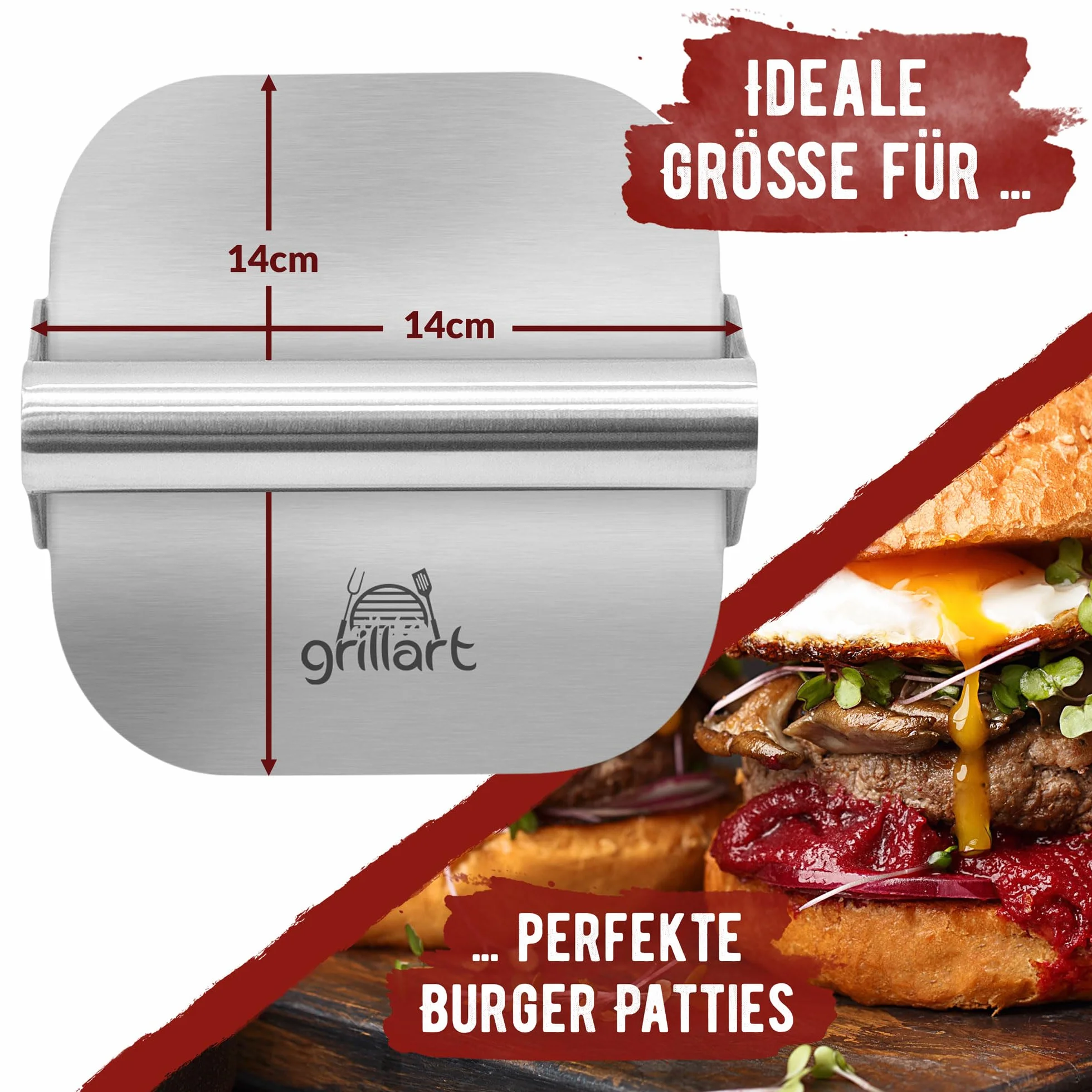 grillart® Premium prasa do burgerów z wysokiej jakości stali nierdzewnej na burgery typu smashed, w zestawie z 30 szt. papieru do burgerów – prasa do burgerów do użytku na planczy i teppanyaki – prasa