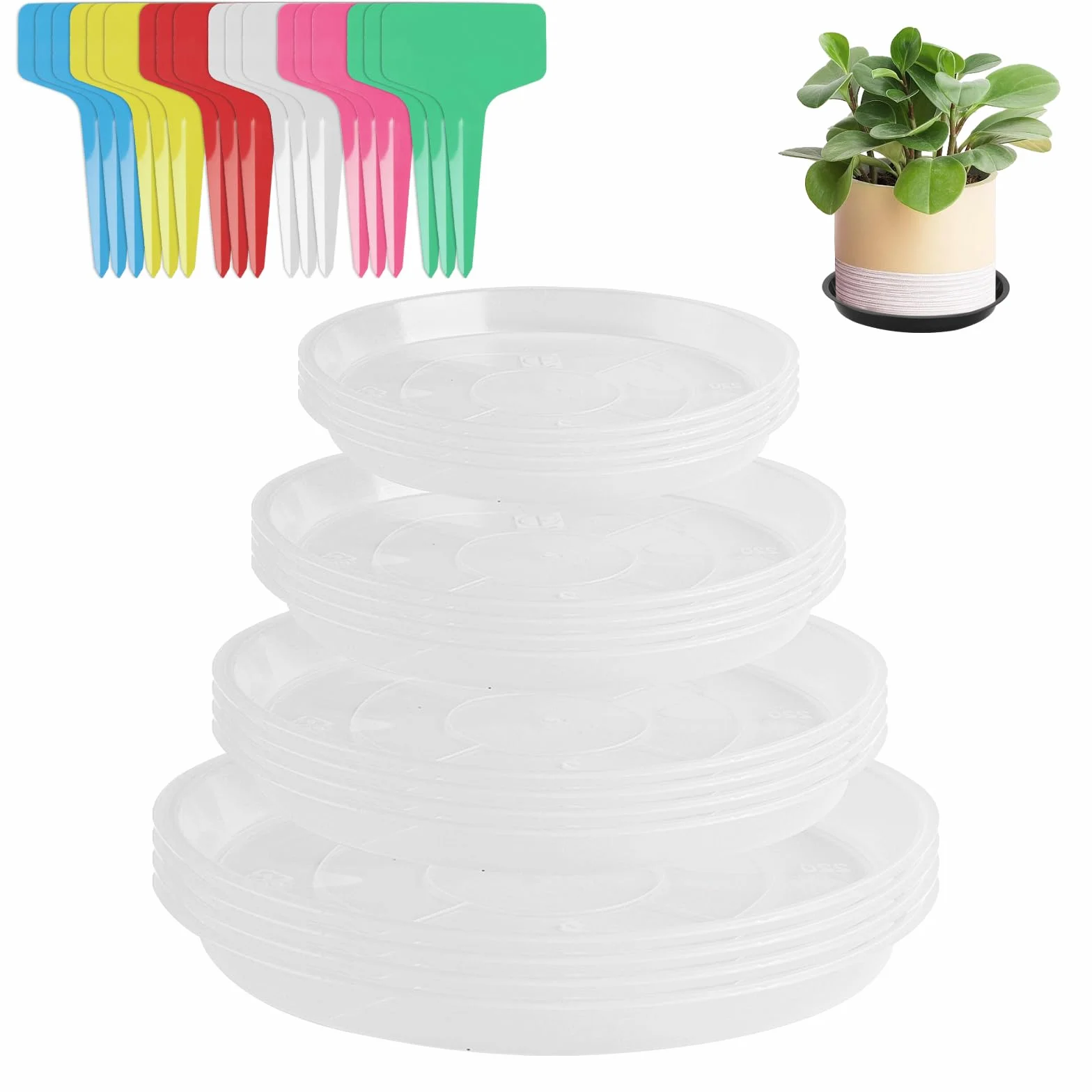 16 podstawek pod doniczki, okrągłe, plastikowe, podstawki na kwiaty, okrągłe, 12 cm, 16 cm, 18 cm, 22 cm, do użytku wewnątrz i na zewnątrz, z 24 etykietami