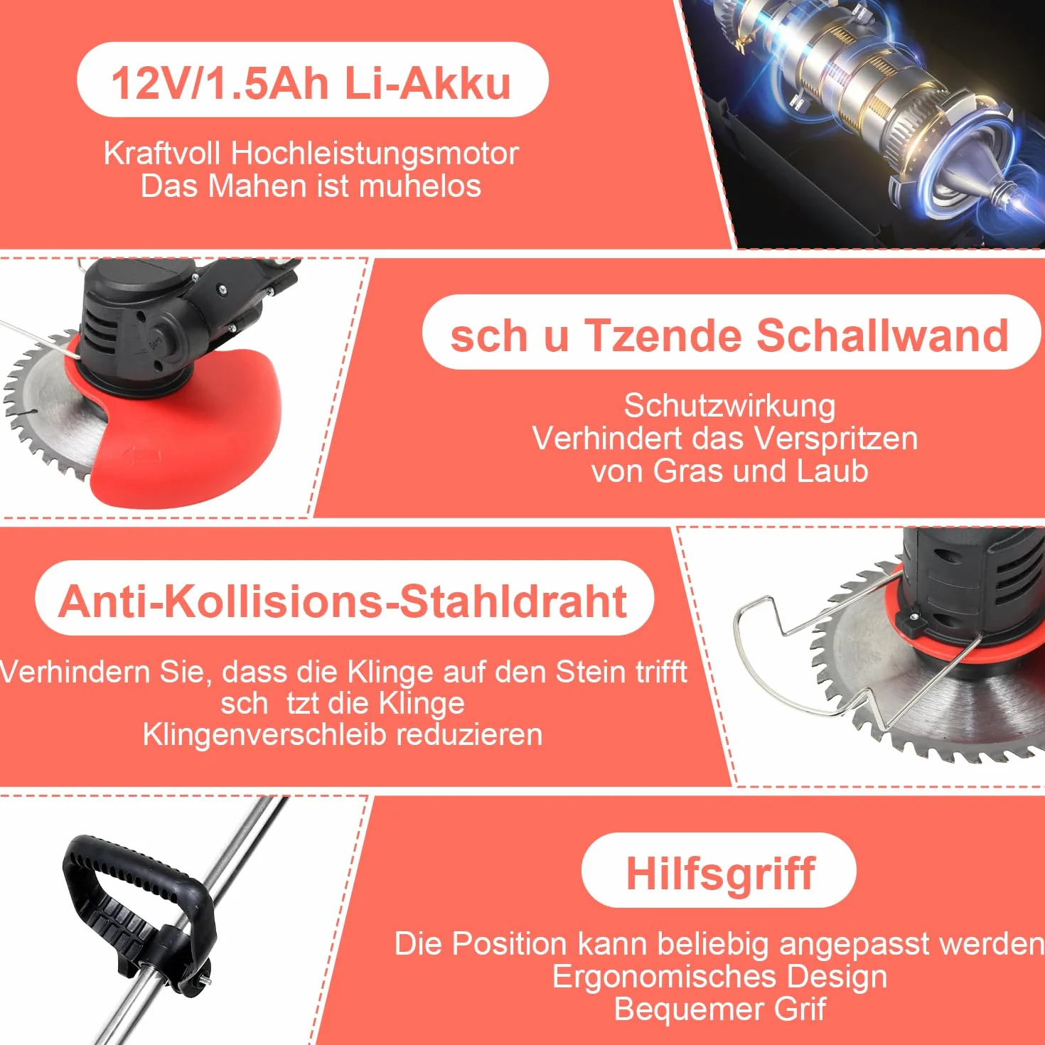 Eulenke Akumulatorowa podkaszarka do trawy, przycinarka do trawnika, w zestawie 2 akumulatory 1,5 Ah i ładowarka), 2 w 1, 18 000 obr./min, 24 V, przycinarka do krawędzi
