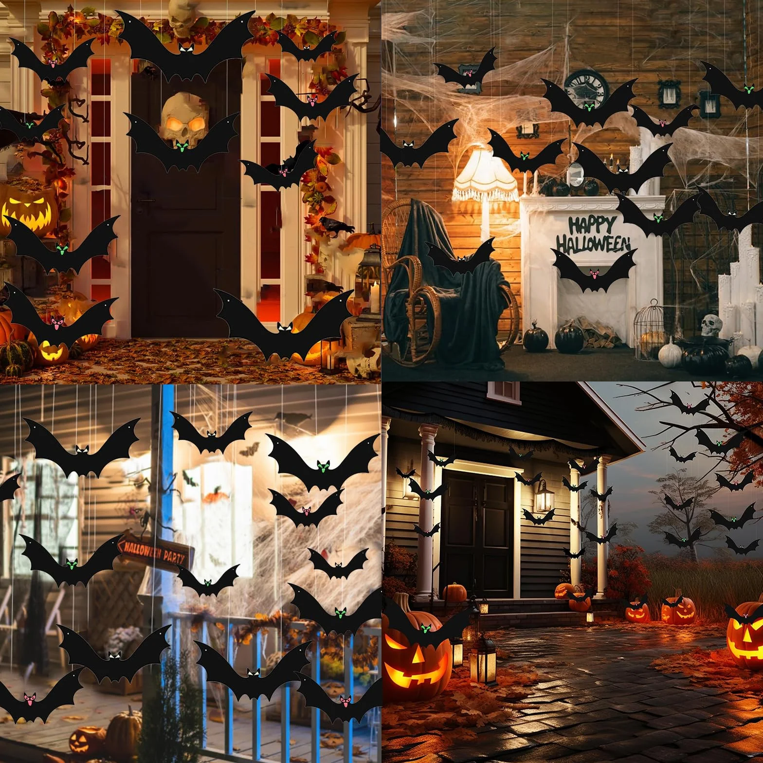 Dekoracje halloweenowe wiszące nietoperze, 12 szt. latający nietoperz ze świecącymi oczami i rolką sznurka do dekoracji halloweenowych na zewnątrz do ogrodu na imprezę podwórko drzewo wiszące