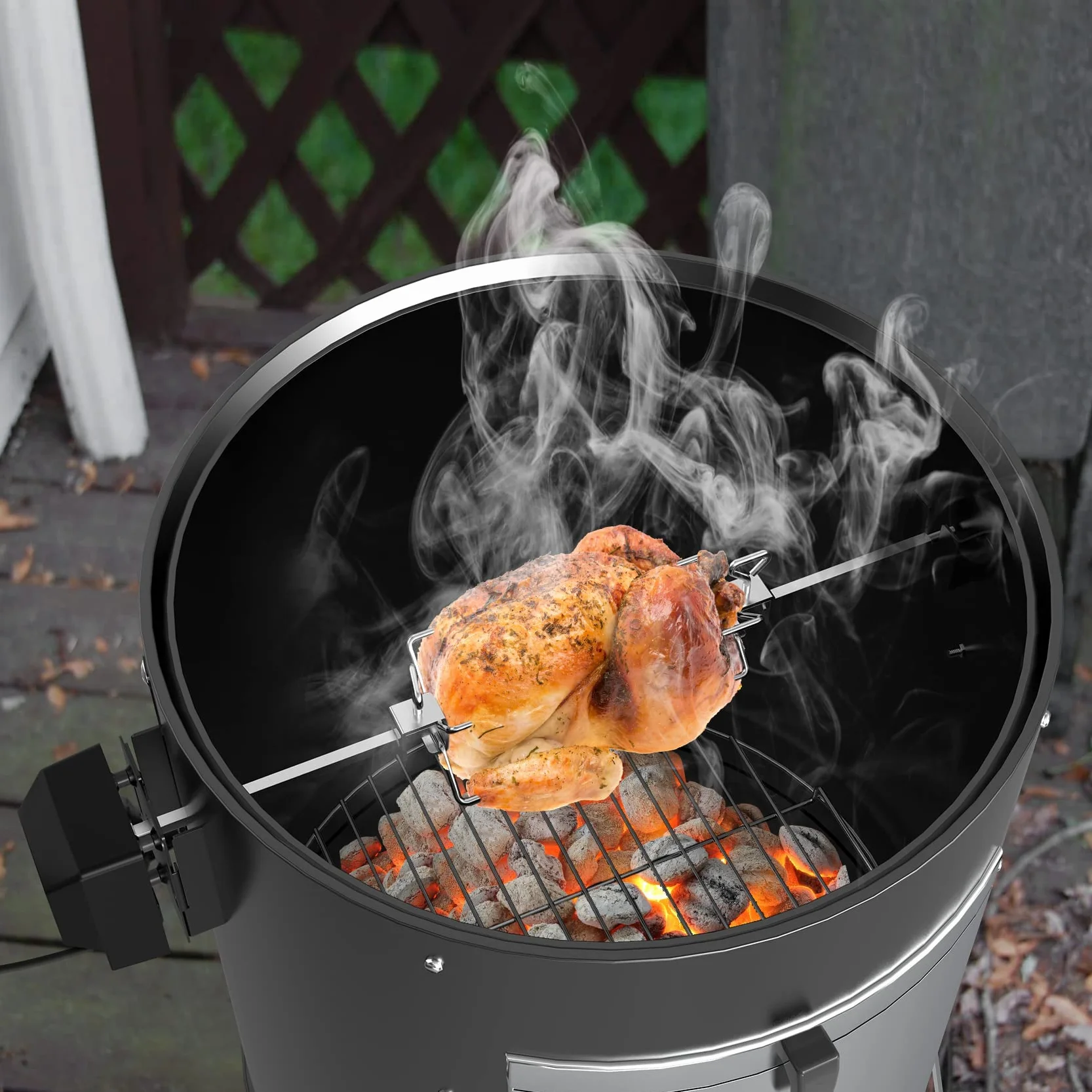 Onlyfire BRK-6099 Zestaw szpikulców do grilla ze stali nierdzewnej, rożen z silnikiem i 2 szpilki do mięsa do kuchenki Wędzarnia Grill na Węgiel Drzewny 57cm