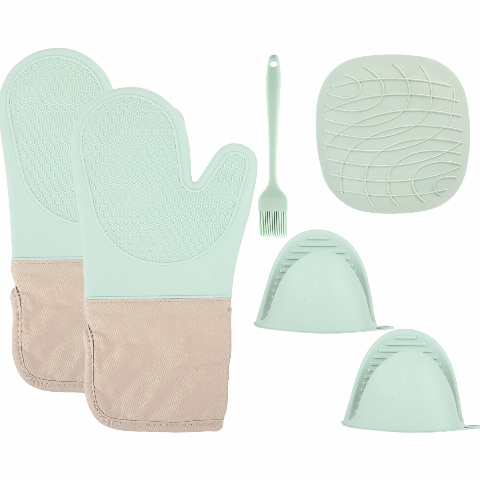Rękawice do Piekarnika - Ofenhandschuhe Silikon 6er Set – Hitzebeständige Handschuhe in Mintgrün für sicheres Kochen, Backen und Grillen. Mit Baumwolle und Silikon, für optimalen Schutz in der Küche