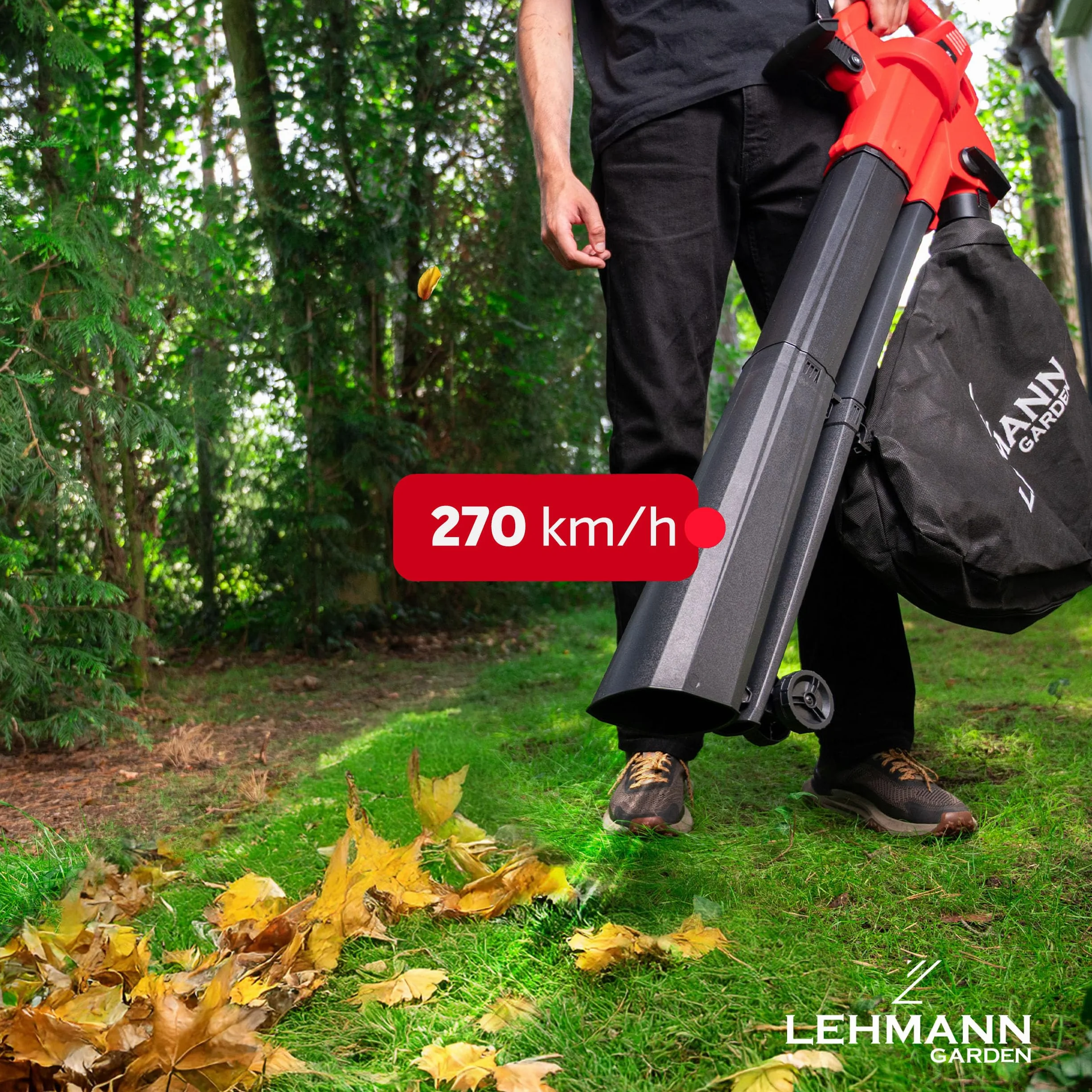 LEHMANN Elektryczna dmuchawa druciana 3 w 1, odkurzacz do liści ogrodowych z rozdrabniaczem, 3500 W, prędkość 270 km/h, 15 000 obr./min, 40 l, lekka torba na ramię i kółka