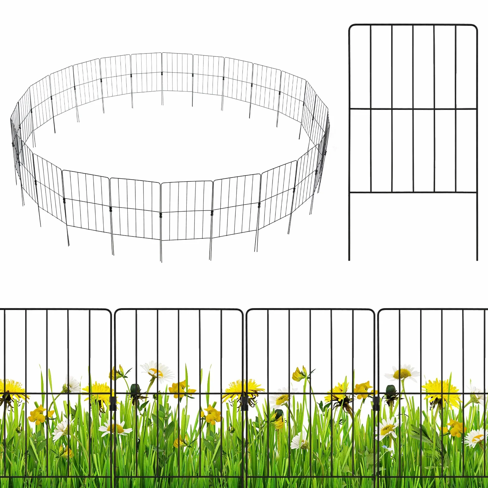 COSTWAY Płotek Ogrodowy 25 Elementów Metalowy, Dekoracyjne Ogrodzenie 60 cm, Płotek Wbijany Bariera dla Zwierząt do Rabat, Trawnika, Oczka Wodnego, Składany, Czarny